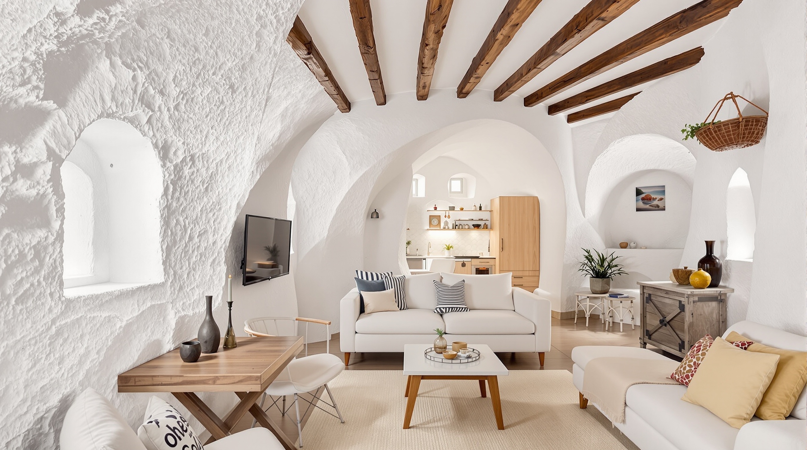 Interior of a Spanish cave house showing whitewashed walls and rustic furnishings