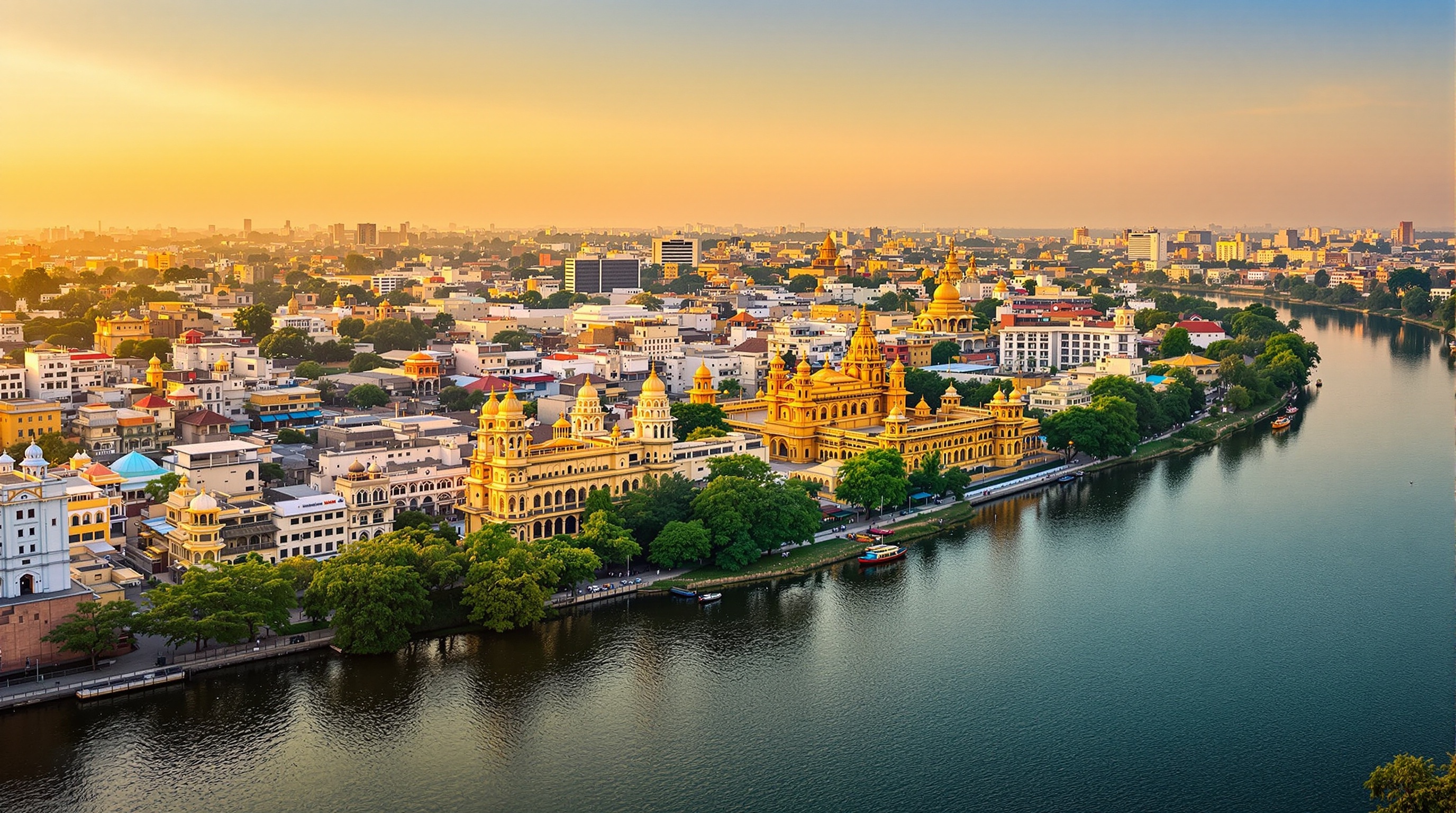 Panoramic view of Bharuch city showing Narmada River and traditional architecture