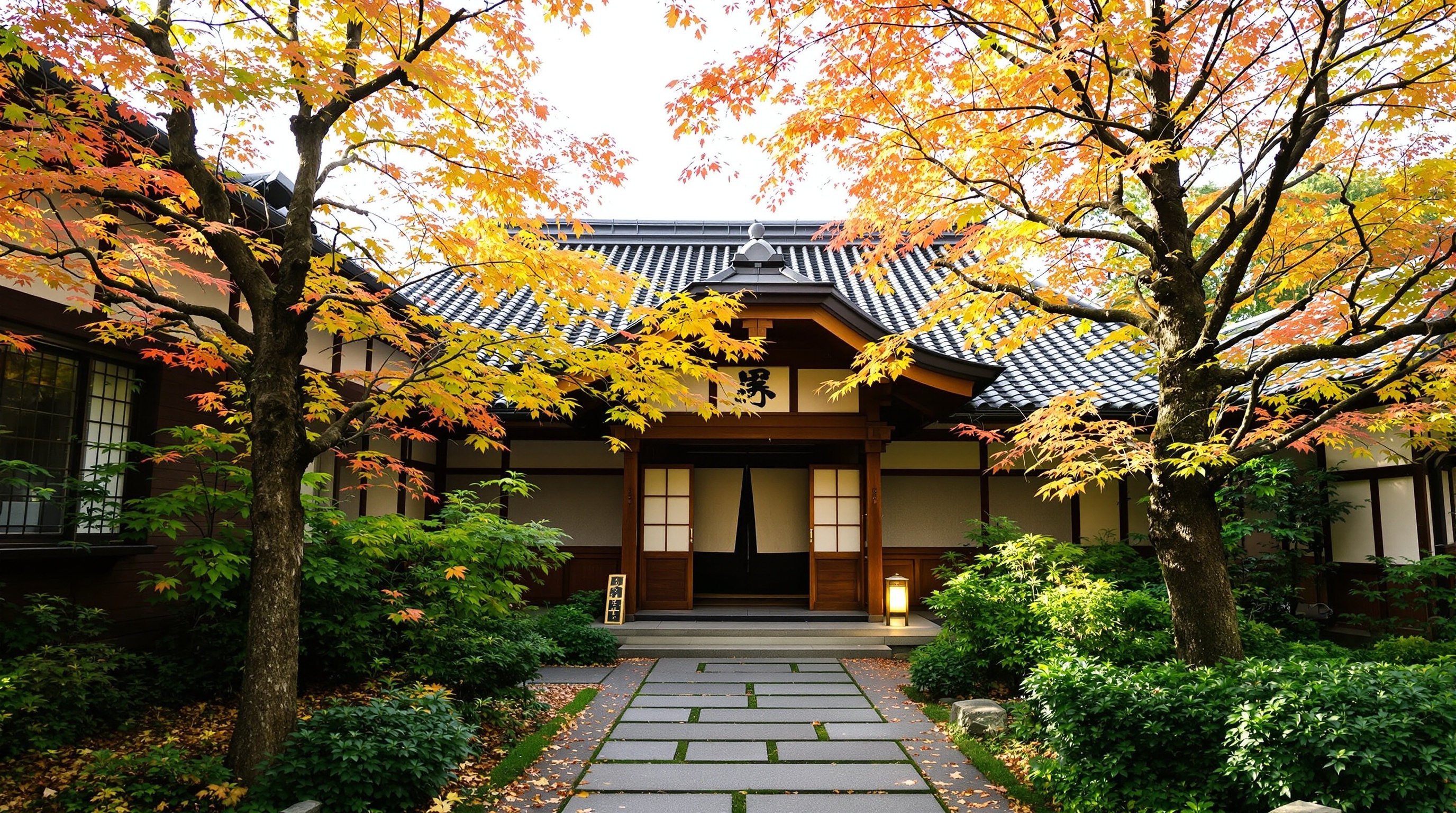 鶴巻温泉の伝統的な日本旅館の玄関、木造建築、石畳の小道、緑豊かな庭園、暖簾が掛かる入口、午後の柔らかい日差し
