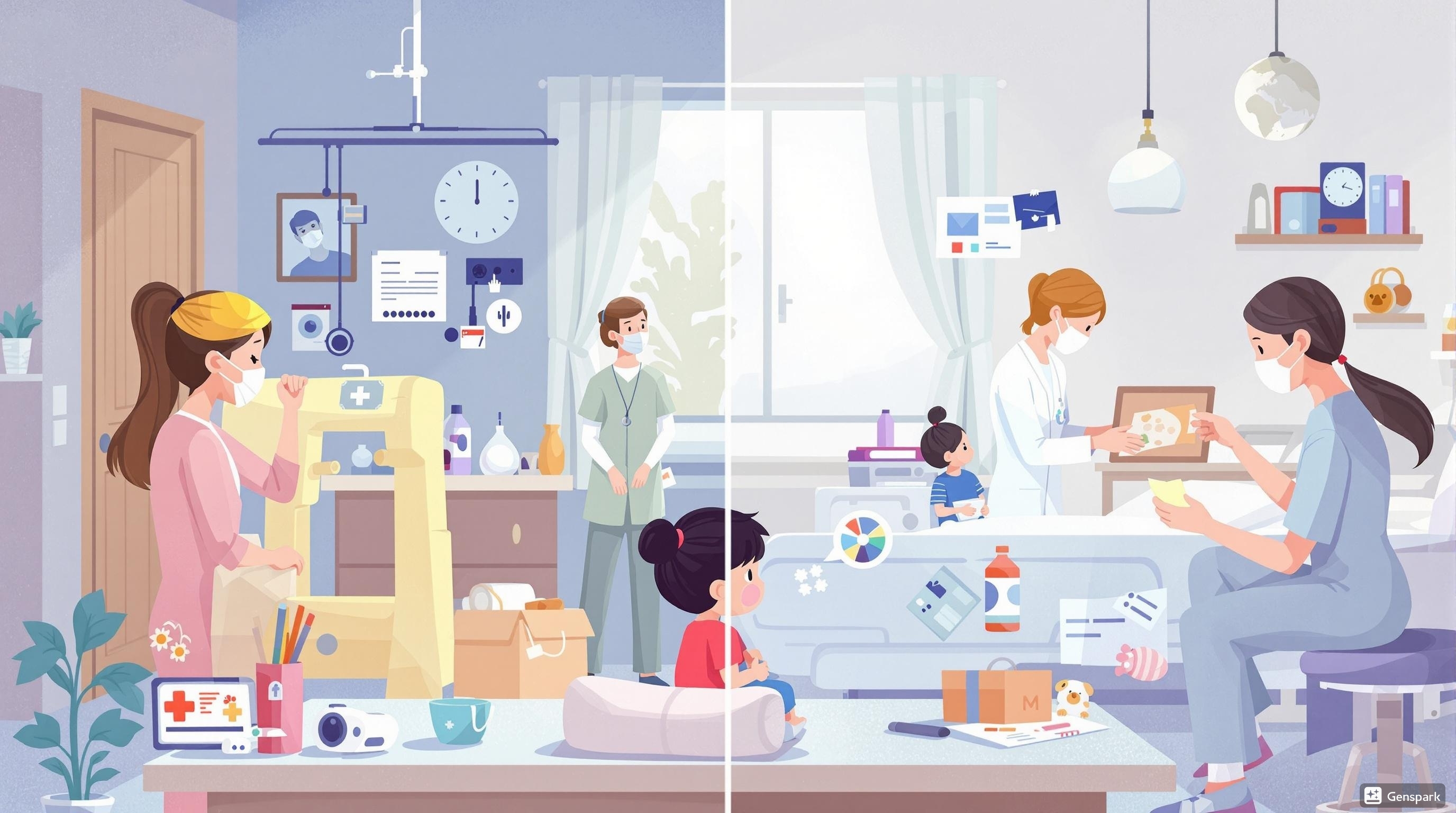 Childhood Depression - Healthcare professionals providing supportive care to a depressed child in hospital and home settings