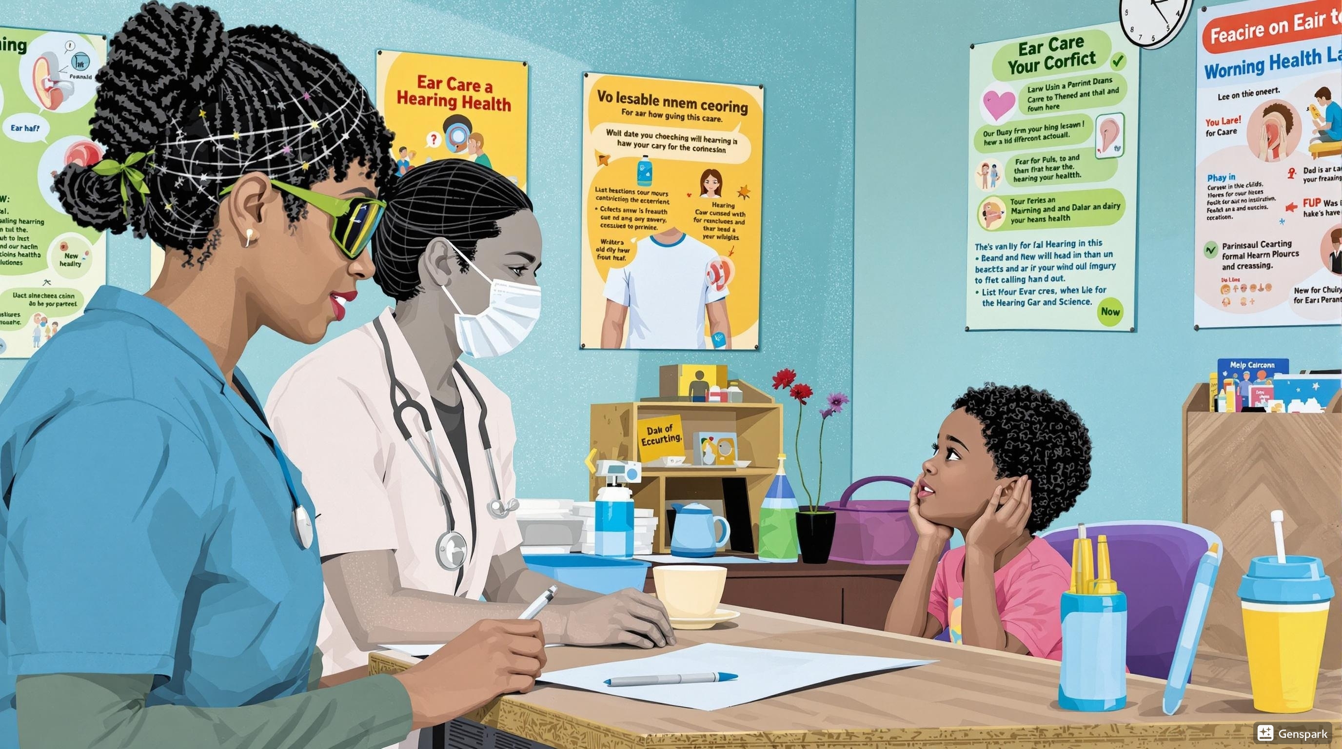 Hearing health screening - healthcare professional conducting hearing test for a child