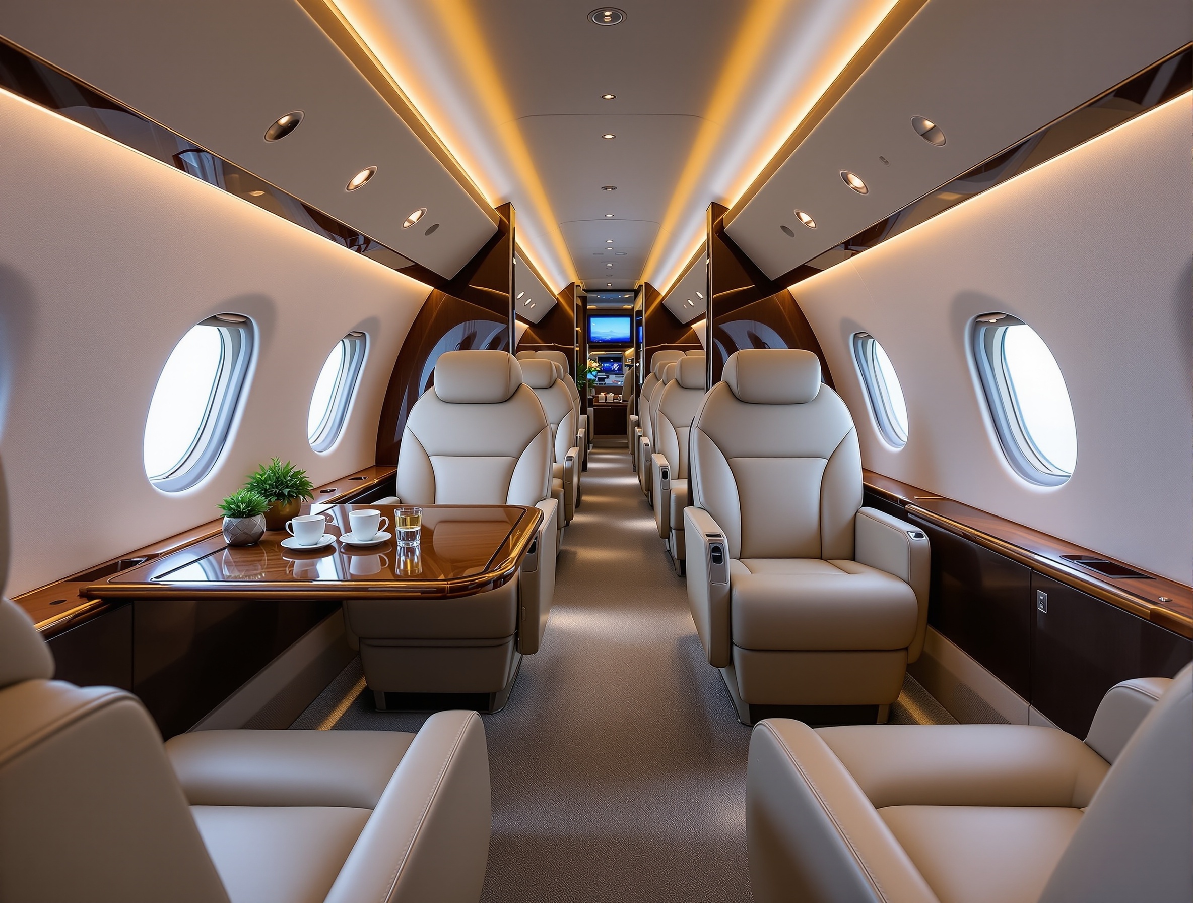 Luxury private jet interior with executive seating