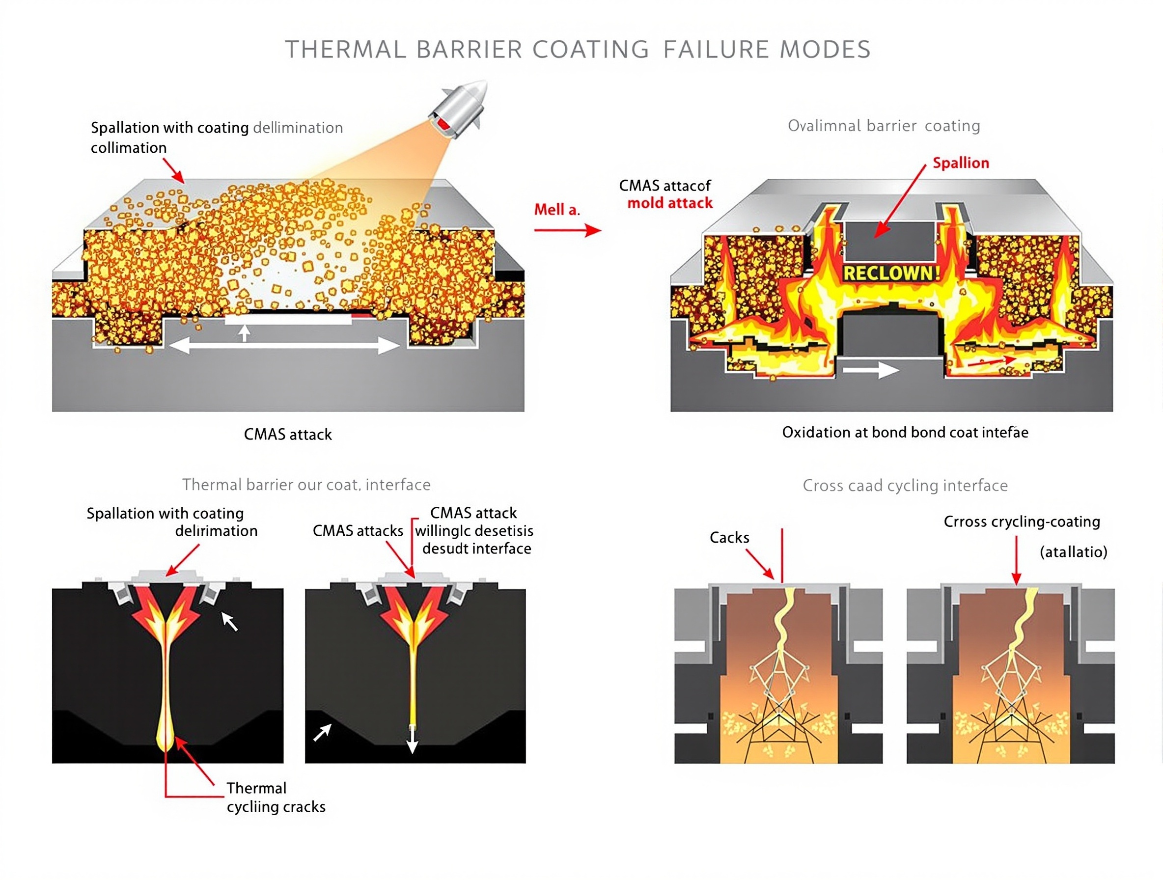 Thermal barrier coating failure modes illustration