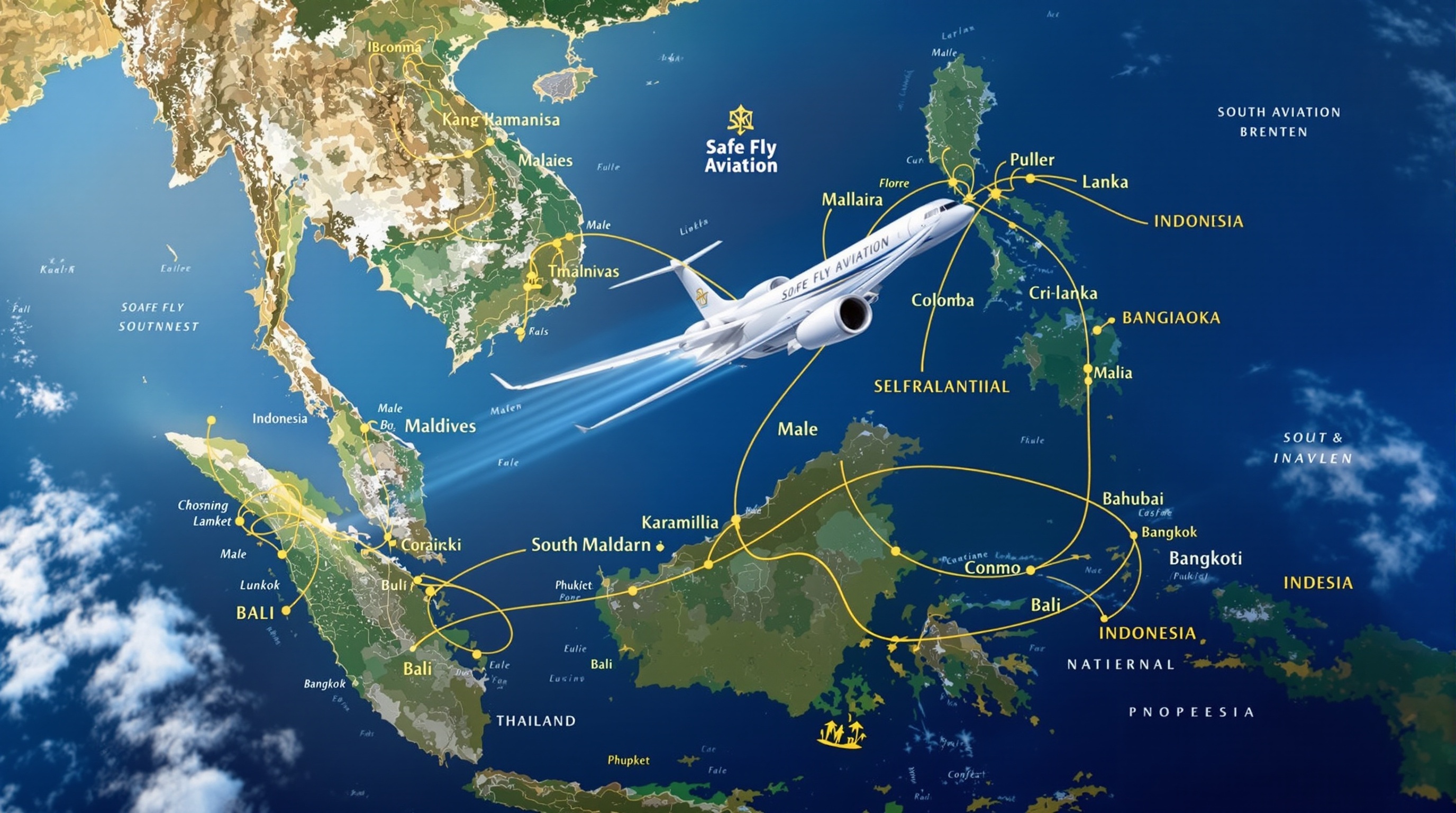 Private jet over South and Southeast Asia destinations map
