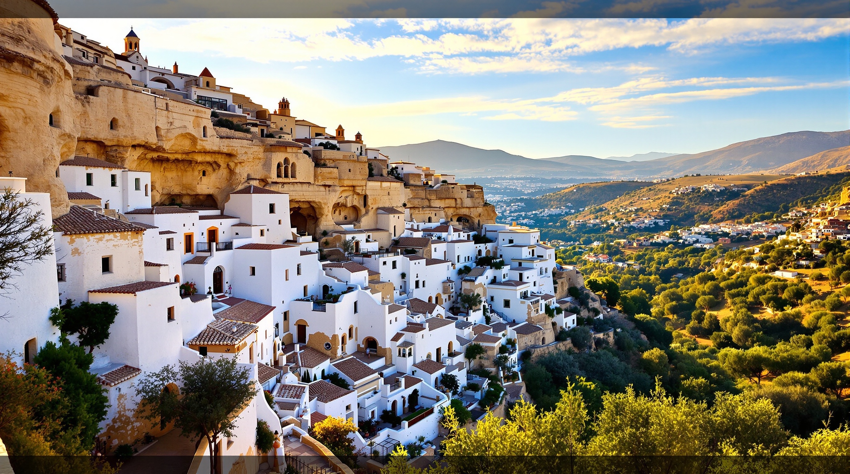 Scenic view of traditional Spanish cave houses built into hillsides in Andalusia