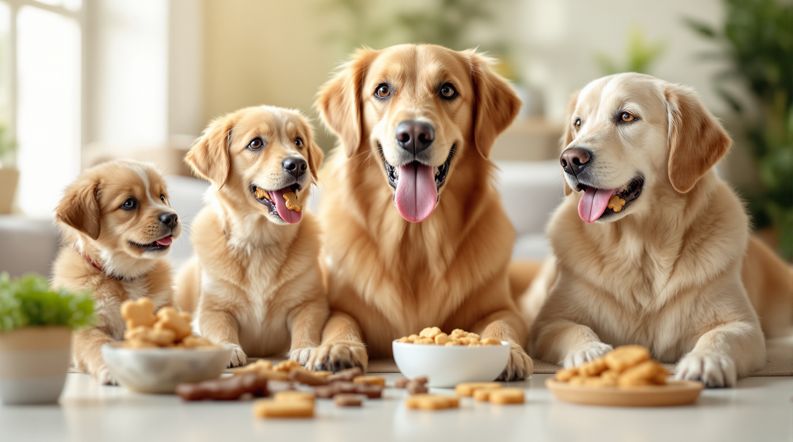 様々な犬がおやつを楽しむ風景
