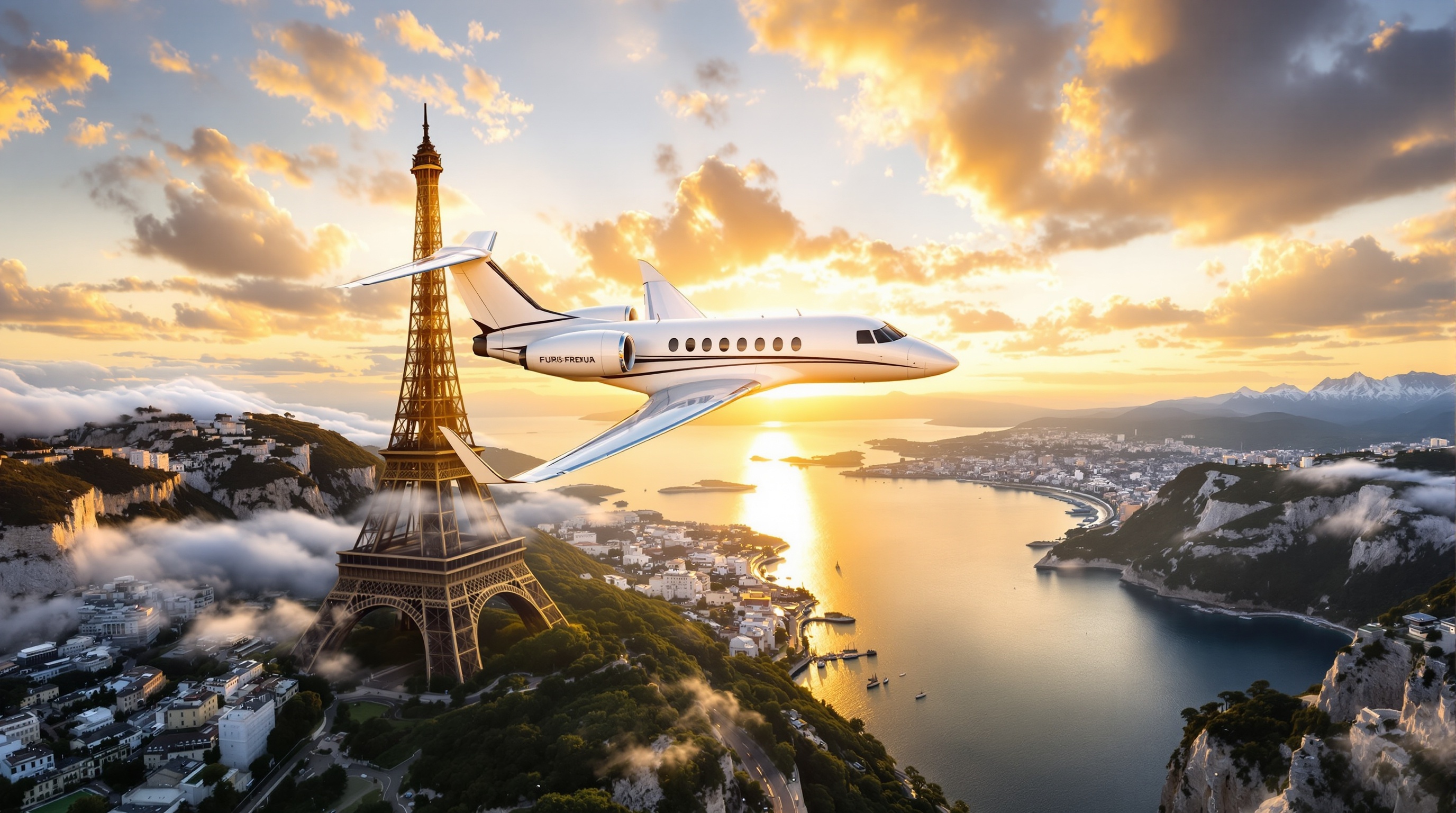 Luxury private jet flying over European landscape with iconic landmarks