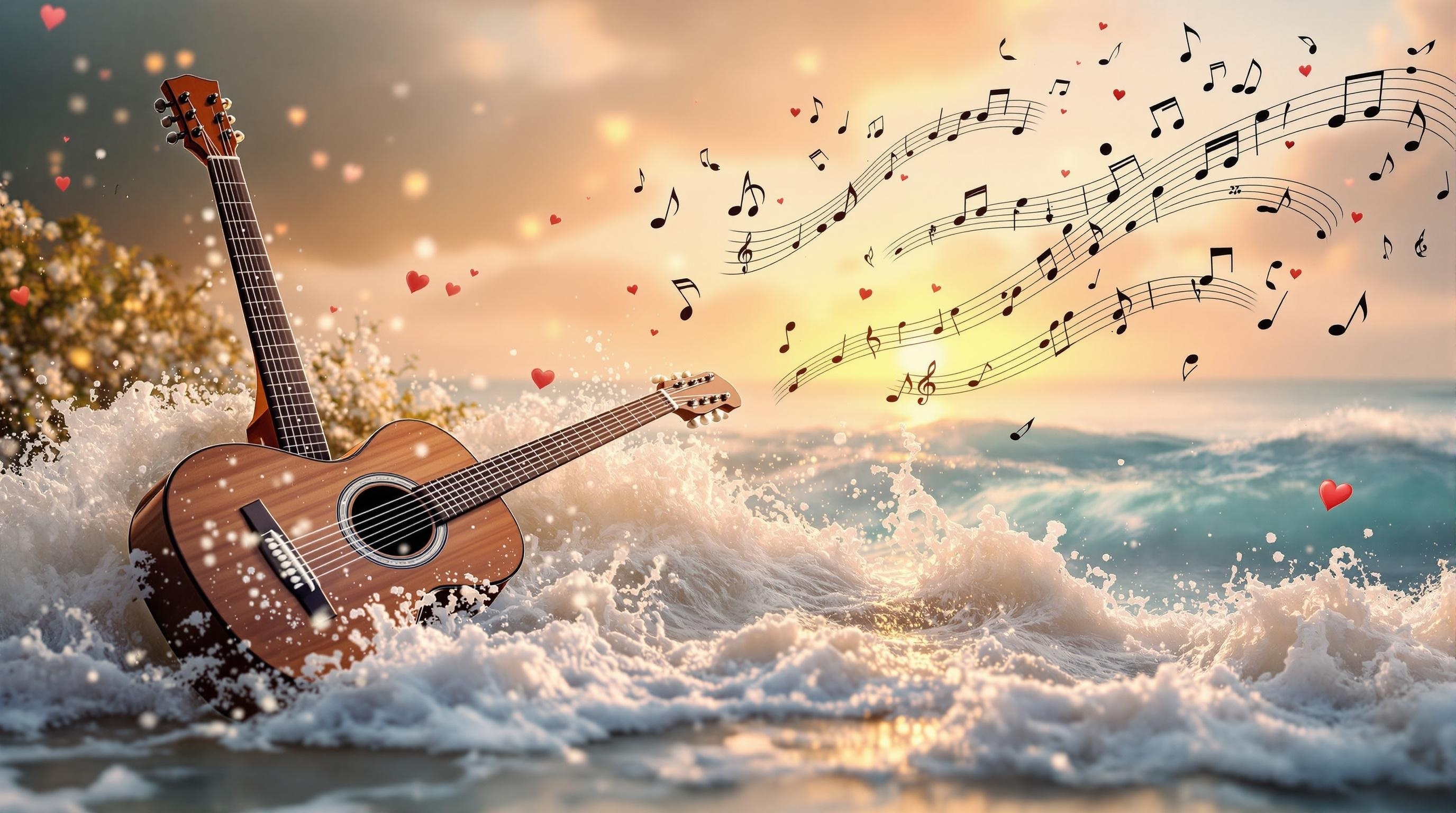 Romantic musical moment with guitar and flute with ocean waves