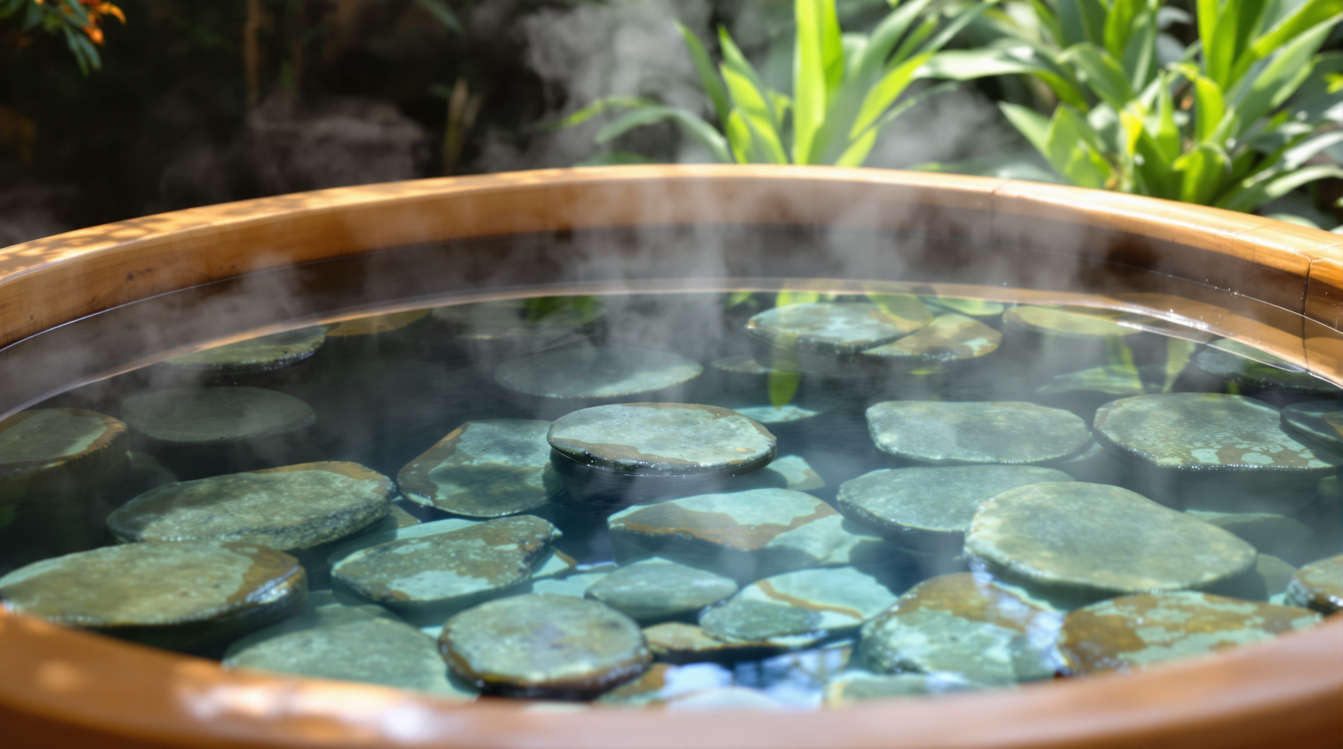 鶴巻温泉の透明な塩化物泉が注がれた伝統的な木製浴槽、蒸気が立ち上る温泉、石に囲まれた自然な雰囲気