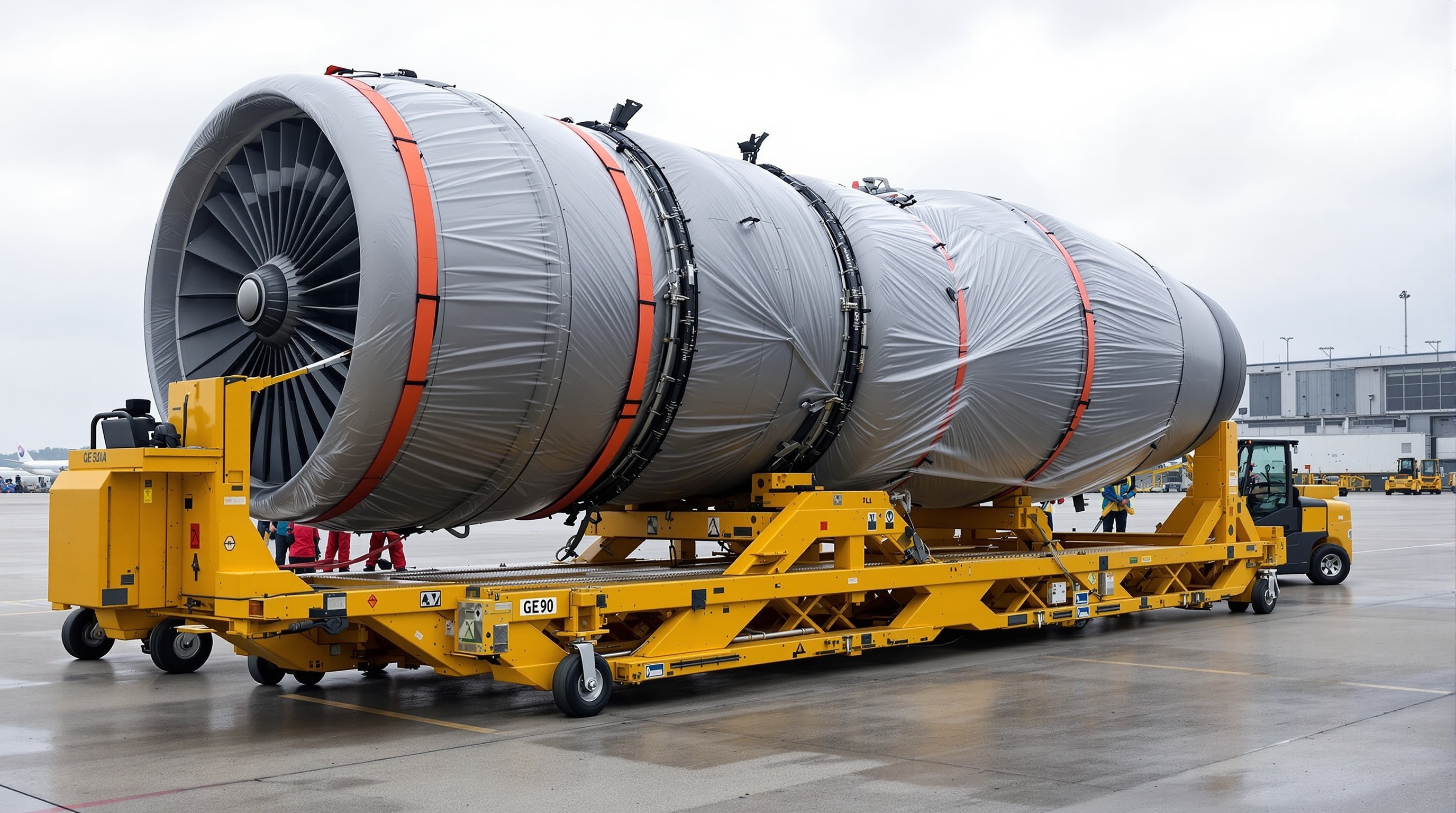 GE90 class jet engine secured on AGSE uplift shipping stand with protective wrapping and cargo straps