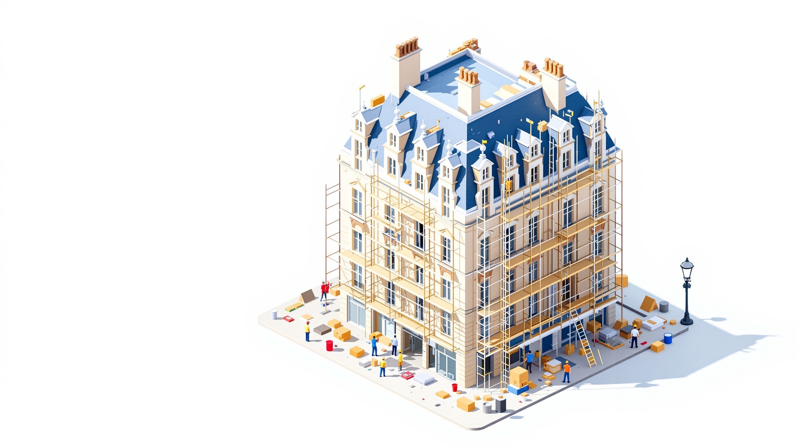 3D isometric illustration of a classic Haussmannian building with scaffolding, renovation equipment, workers, and construction materials around. Old French architecture being restored. Soft blue and beige corporate colors, clean white background