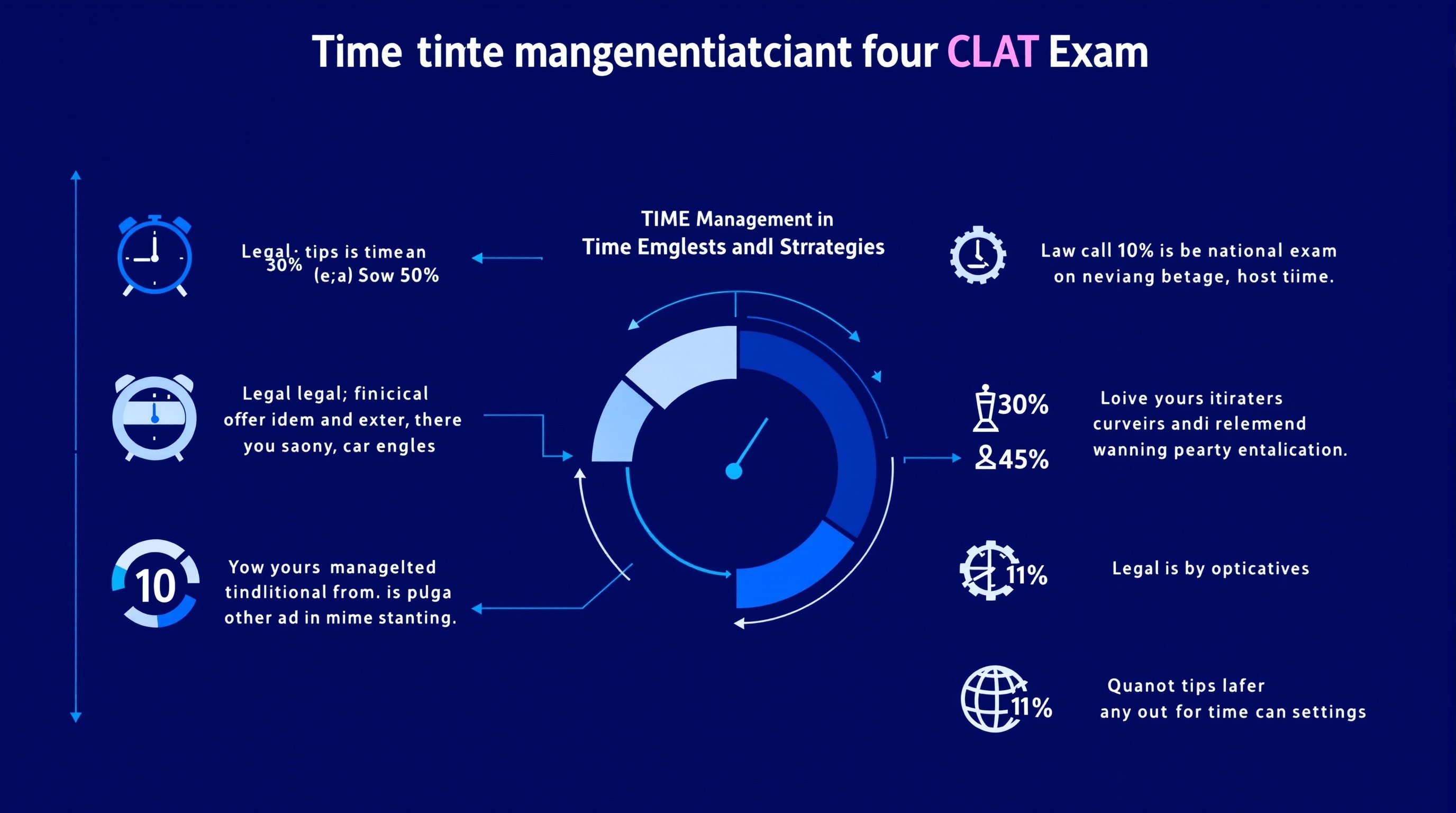 Time Management Infographic for CLAT - Pie chart showing section-wise time allocation and study strategies