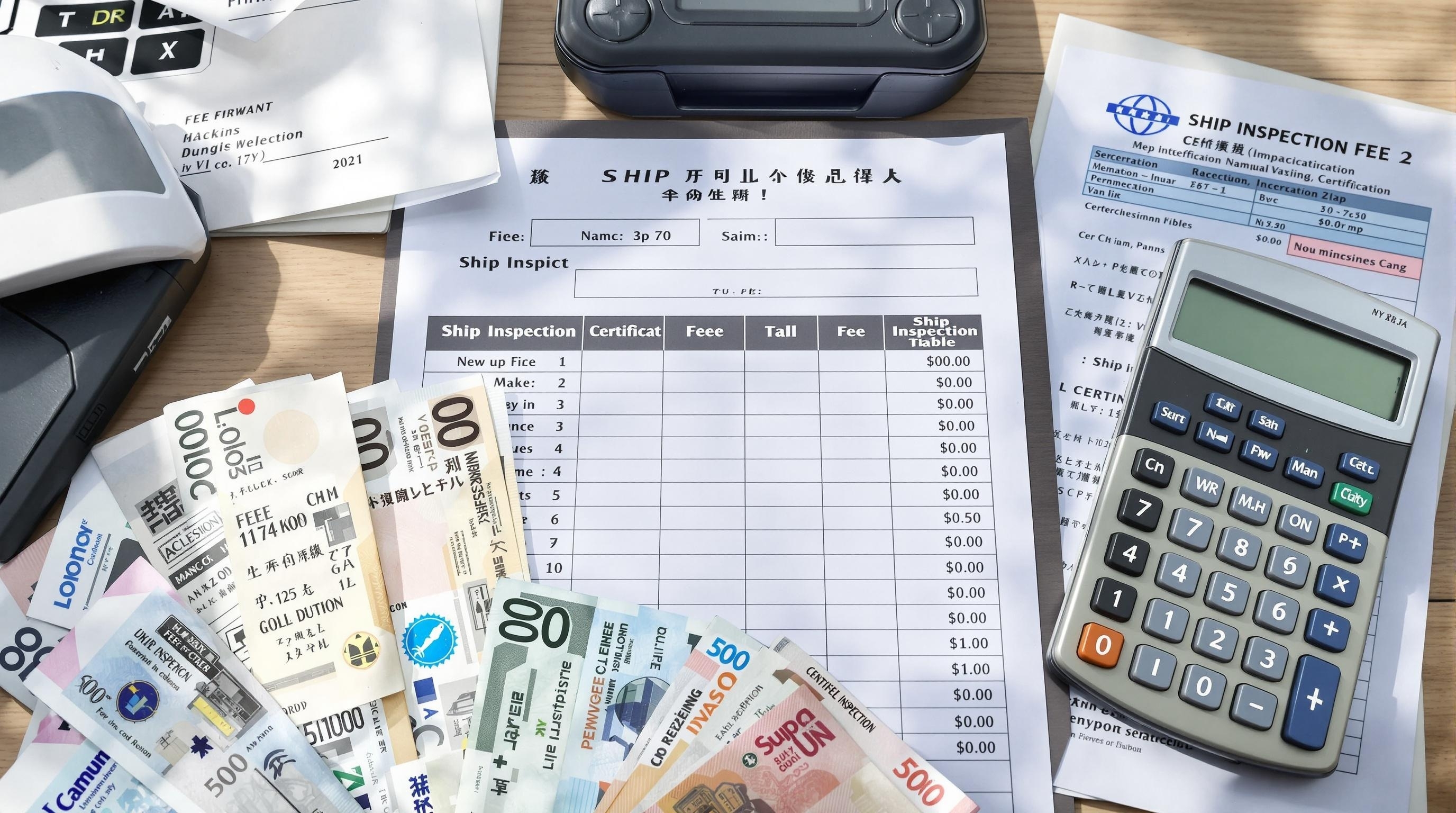 船検費用の料金表と電卓、日本の紙幣