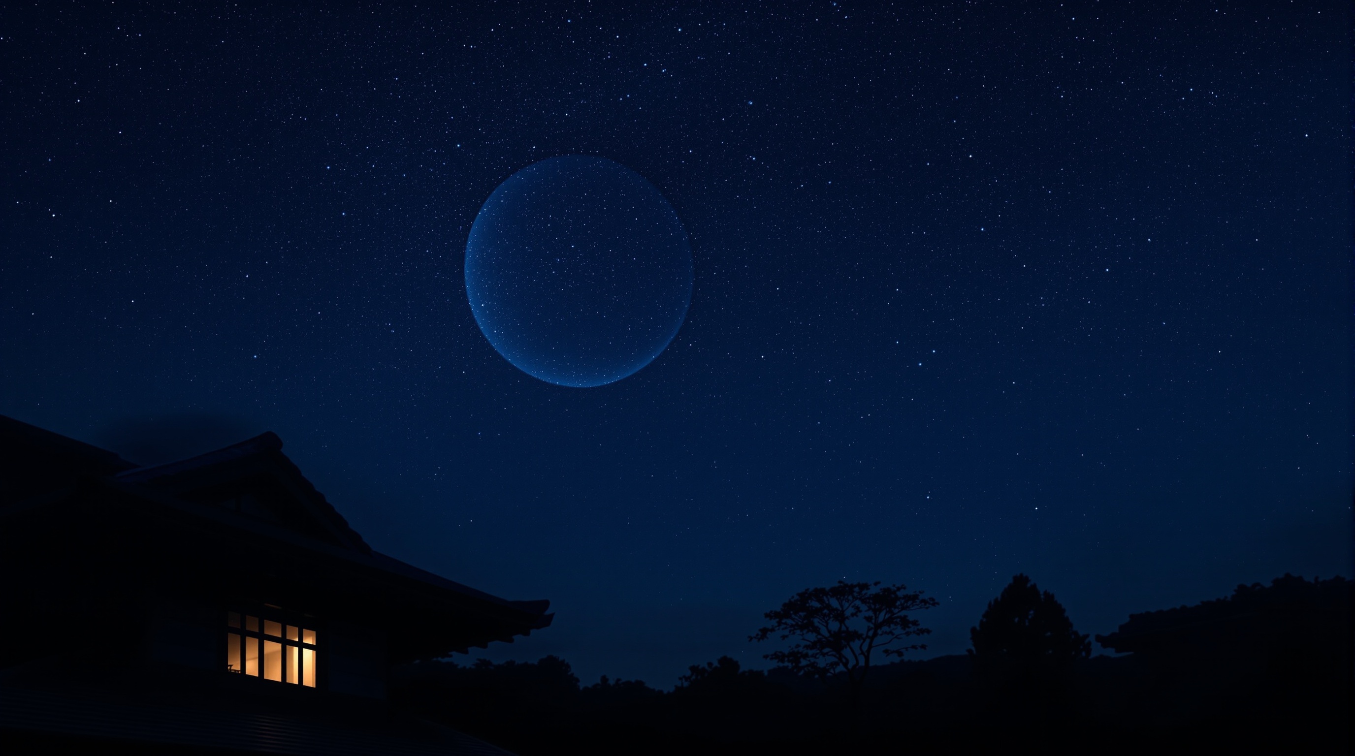 新月の夜空と温泉宿の静かな佇まい