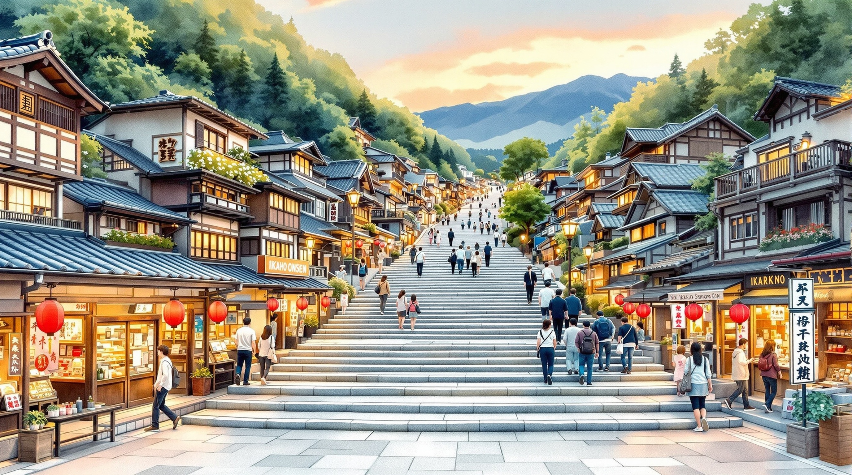 伊香保温泉の365段の石段街、両脇に旅館や土産物店が並び赤提灯が灯る夕暮れの風景
