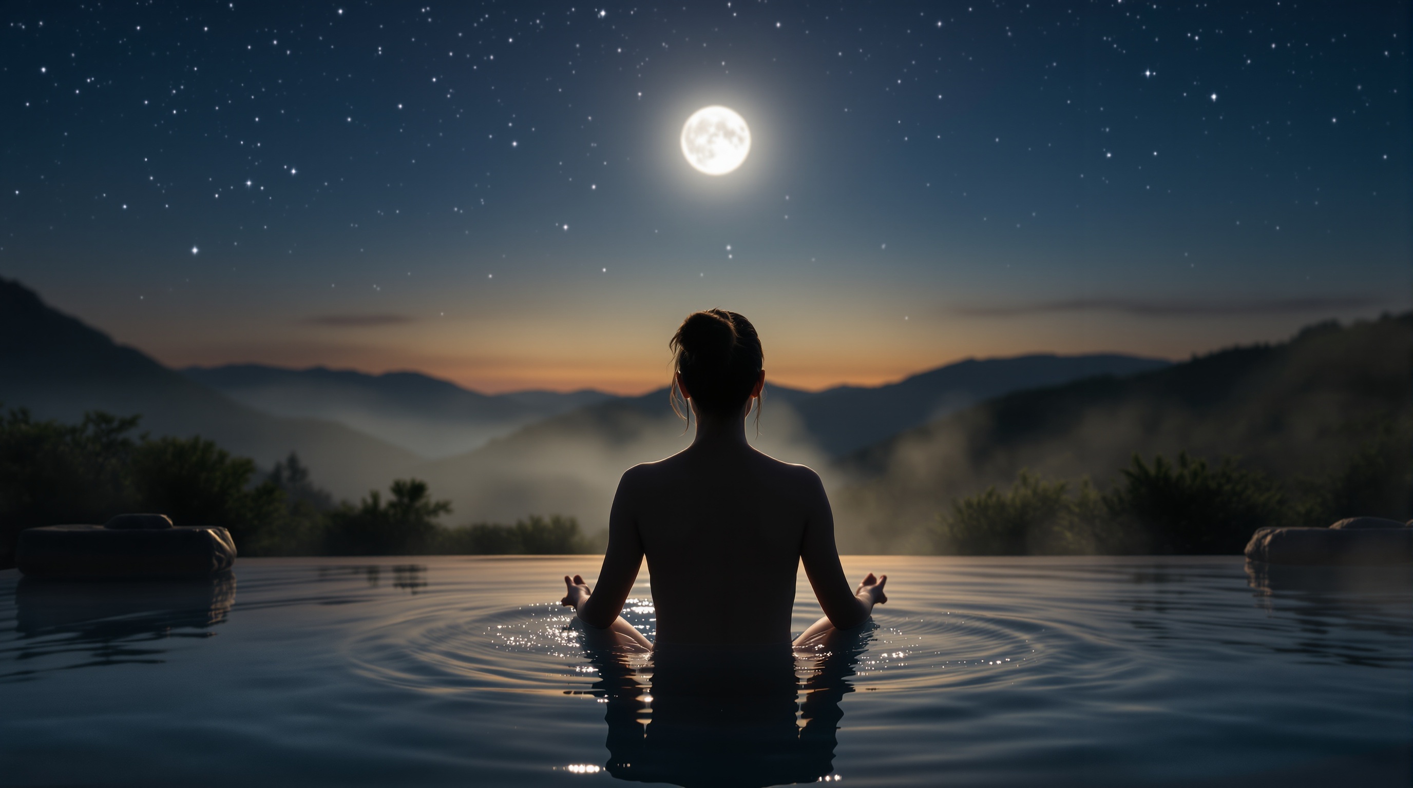 月明かりの下で瞑想する女性のシルエット