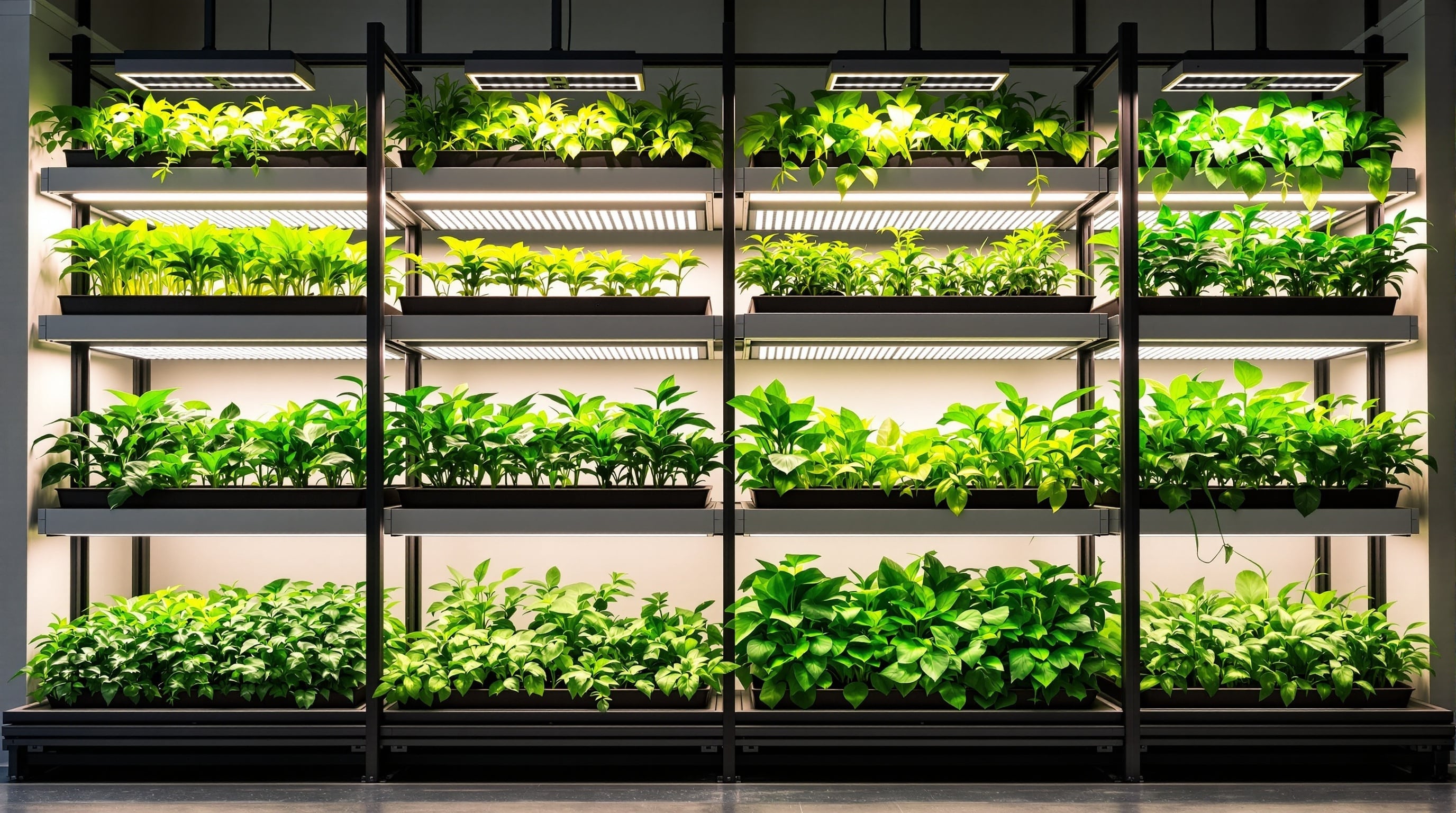Вертикальная ферма с растениями на разных стадиях роста