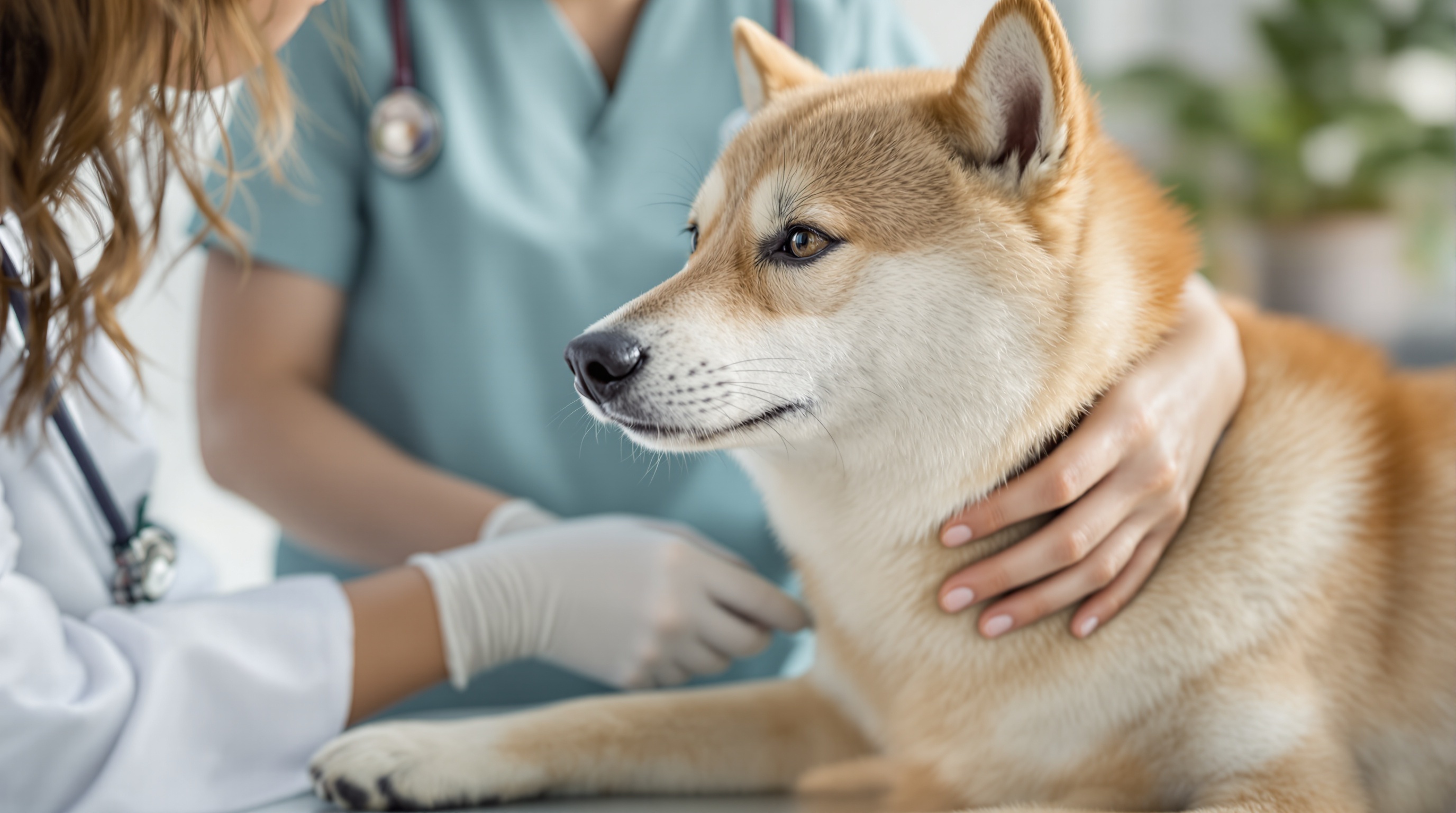 獣医師に健康診断を受ける柴犬