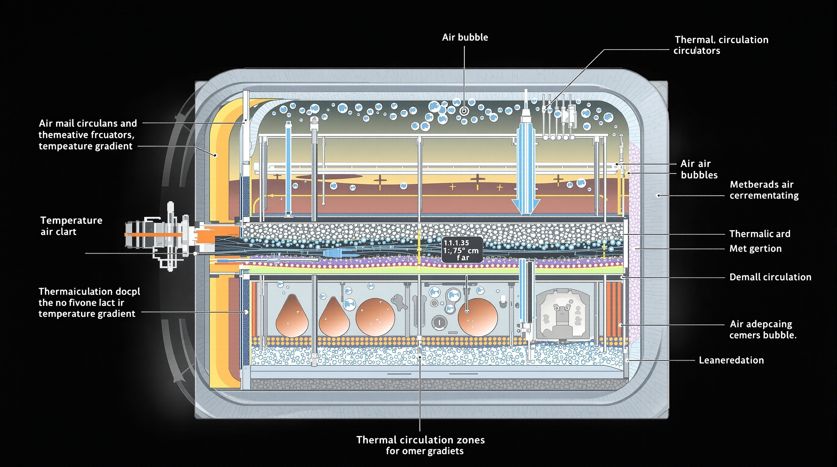 COUPE TRANSVERSALE D'UN BOCAL MONTRANT LA RÉPARTITION DES BULLES D'AIR ET LEUR IMPACT SUR LA CIRCULATION THERMIQUE