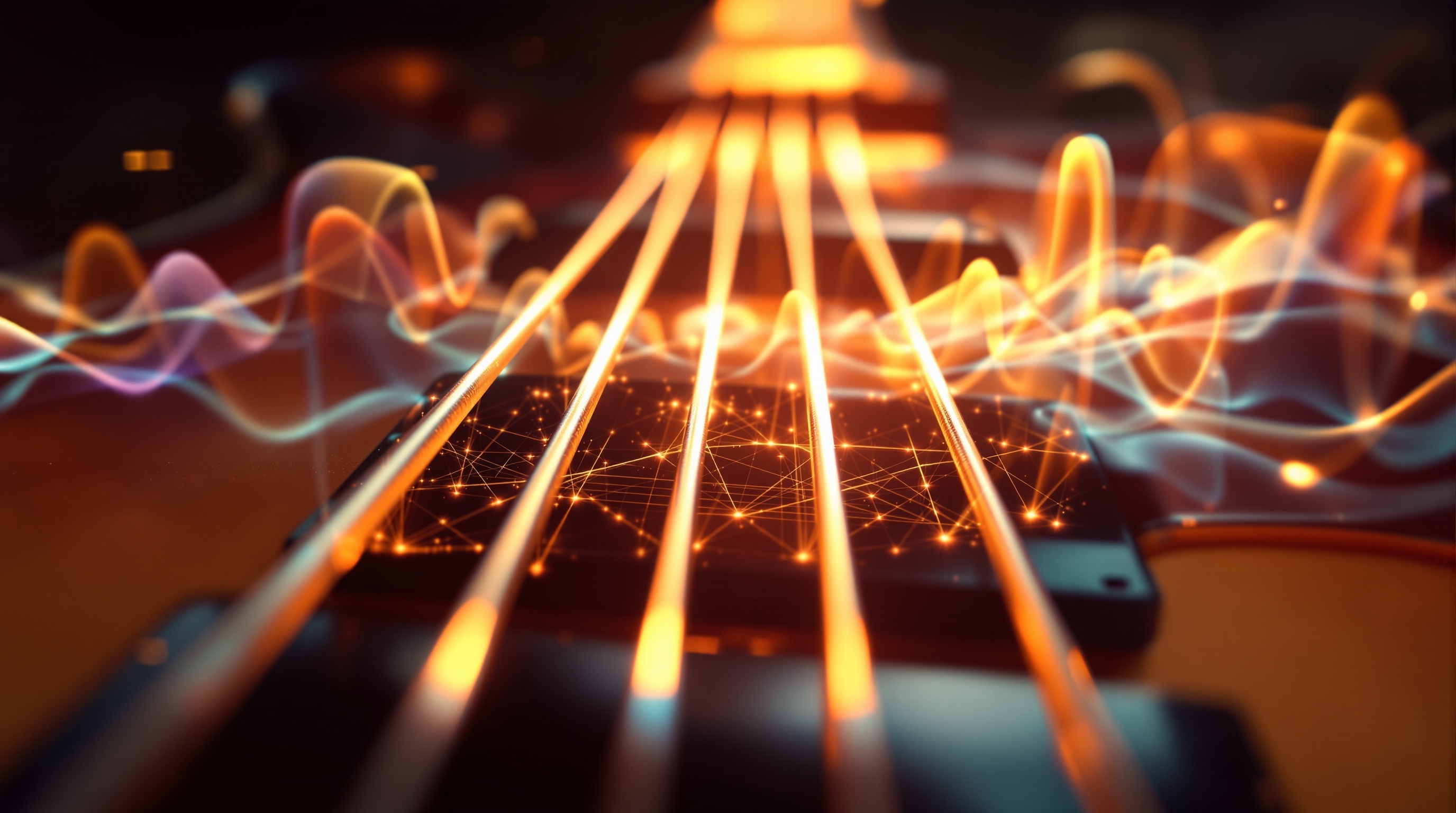 Close-up of bass guitar with glowing strings and pulsing sound wave energy