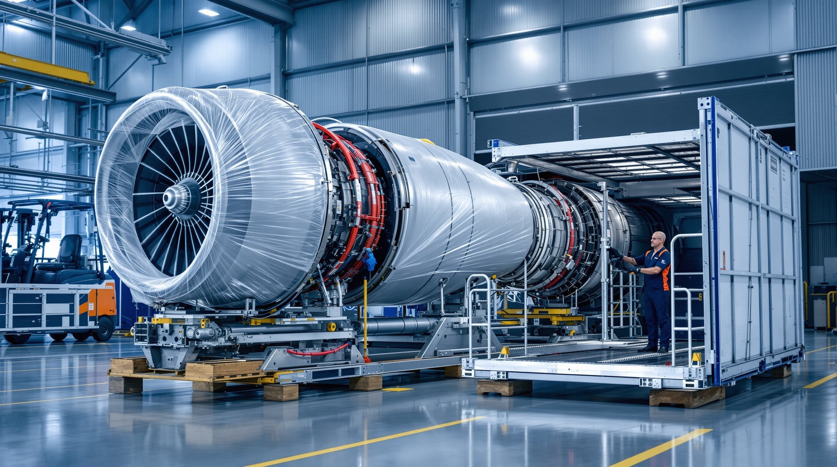 Jet engine being prepared for international shipping with protective wrapping and specialized crating