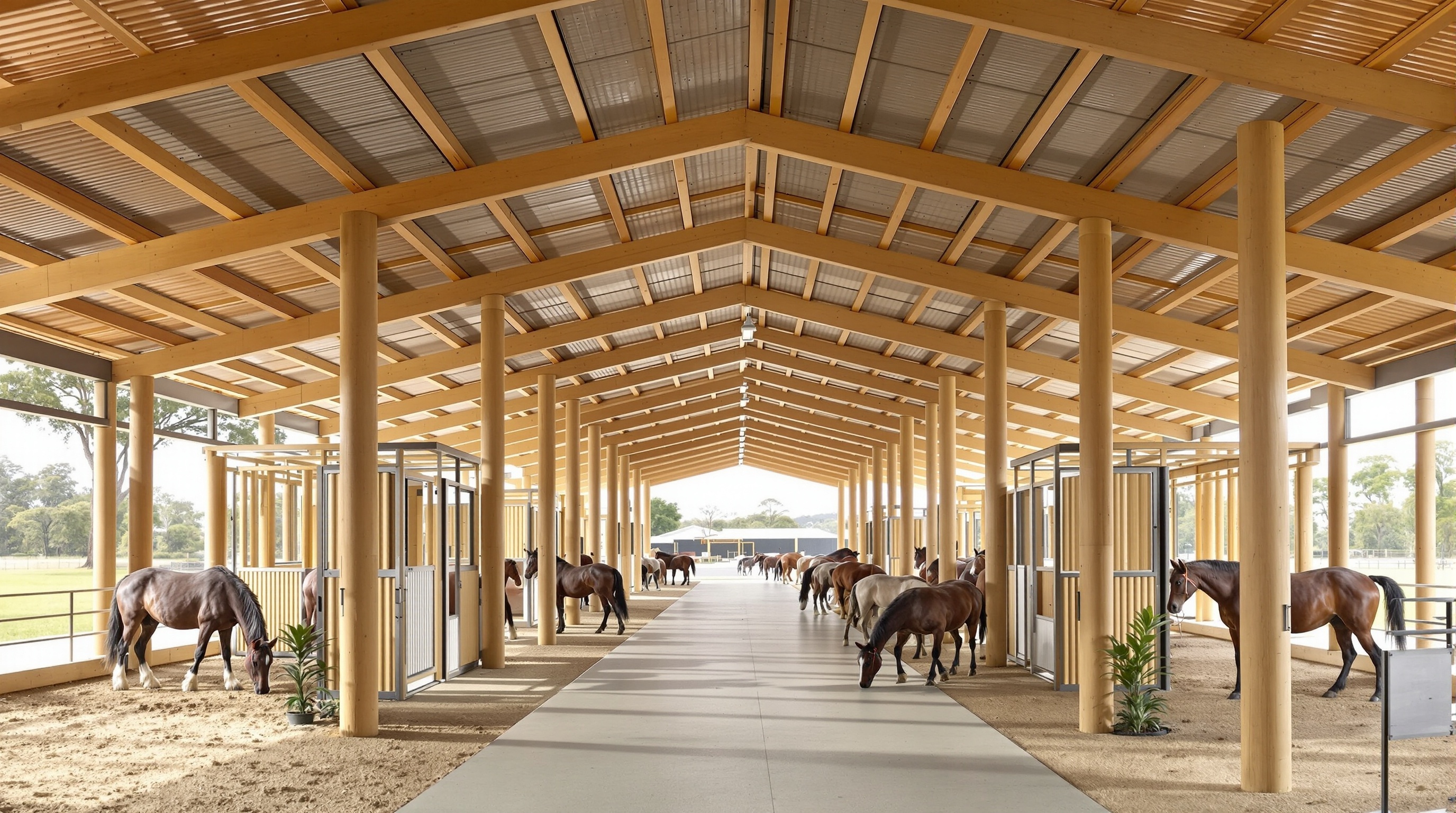 Modern sustainable bamboo horse stable facility with horses grazing in Australian landscape showing eco-friendly construction and natural materials