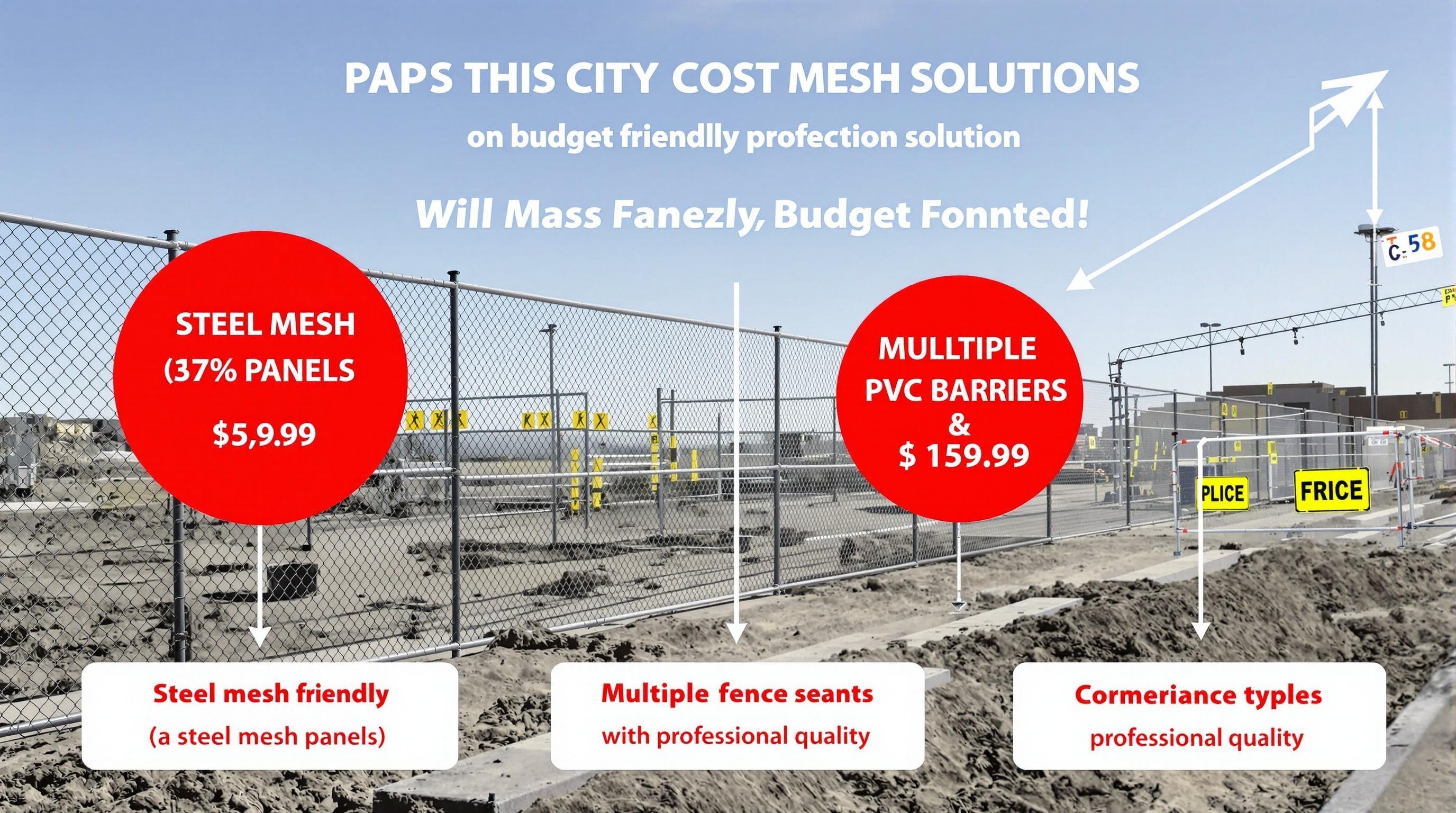 Affordable portable fencing solutions Australia cost comparison showing steel mesh panels, PVC barriers, and construction site with multiple fence types and price tags