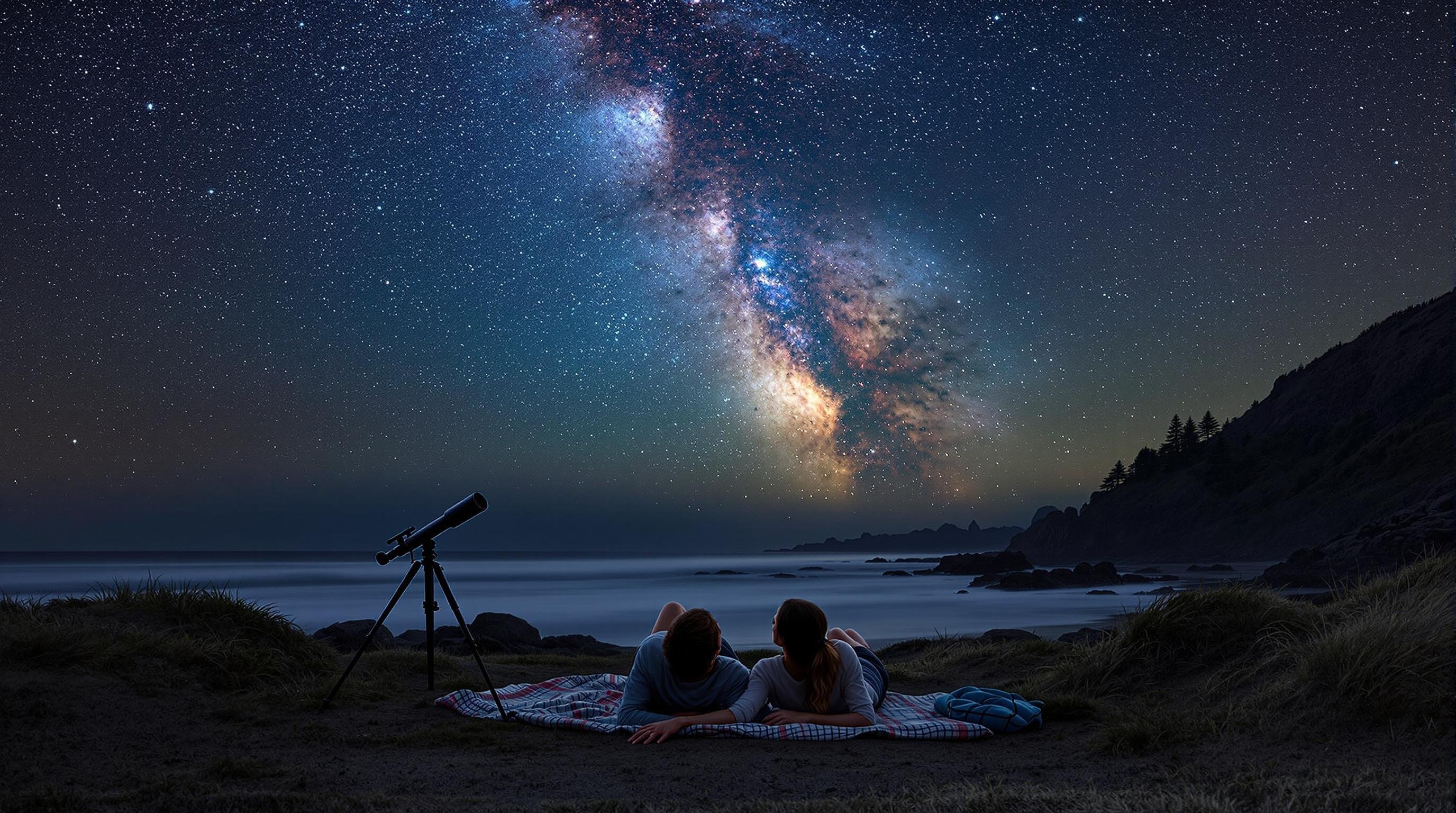 Magical stargazing scene with couple under brilliant star-filled sky
