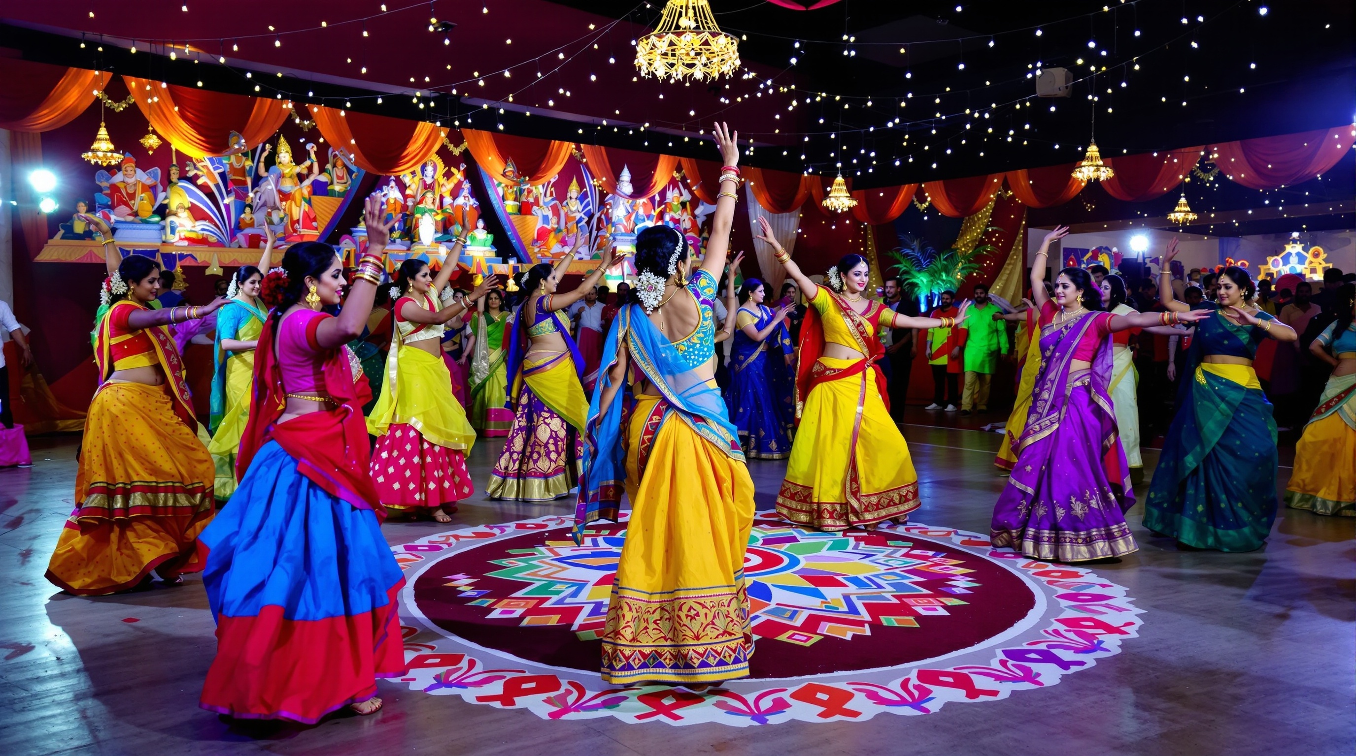 Vibrant Navratri garba dance celebration with dancers in colorful traditional costumes