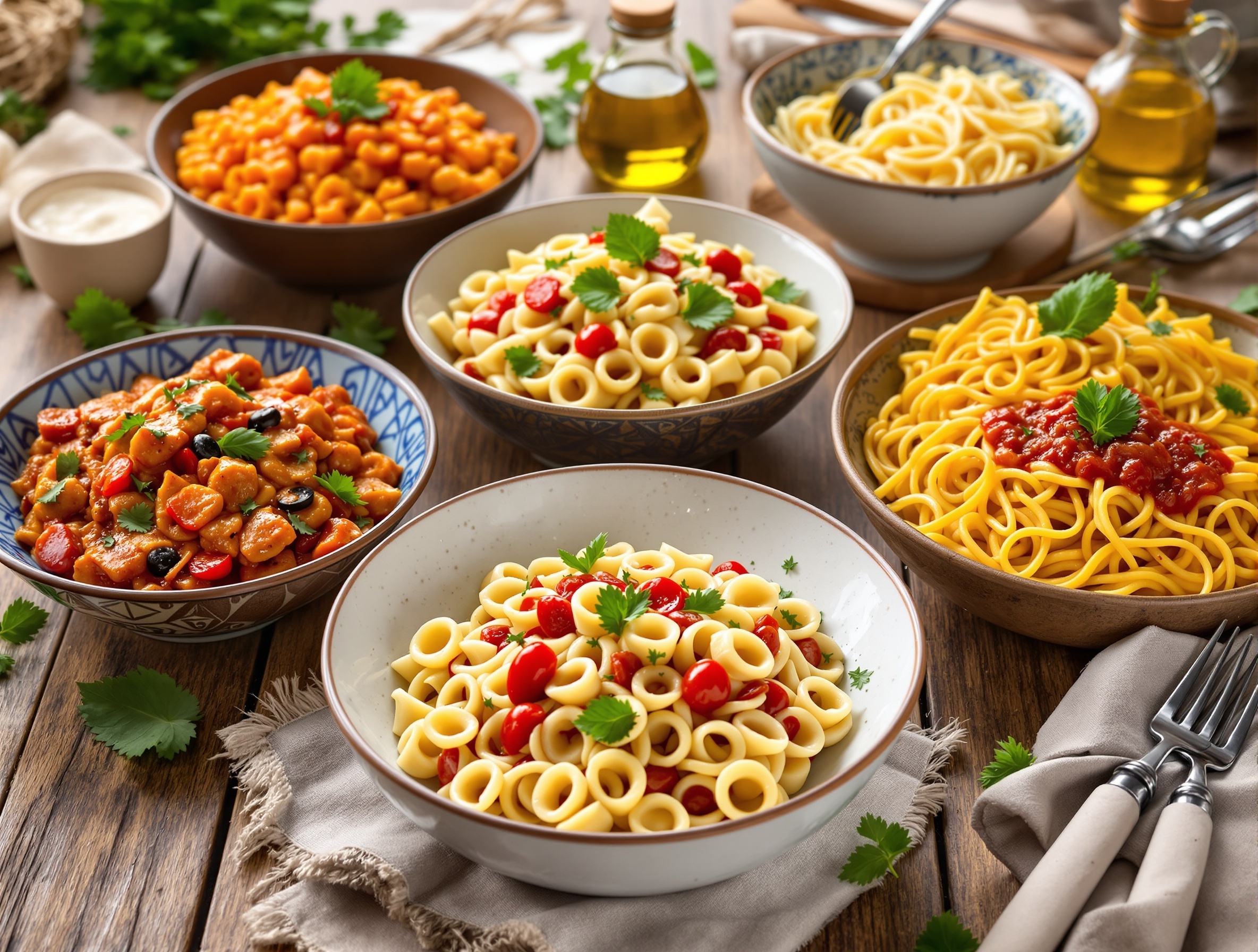 Primi piatti regionali italiani - spaghetti, orecchiette, pici e tajarin con condimenti tradizionali