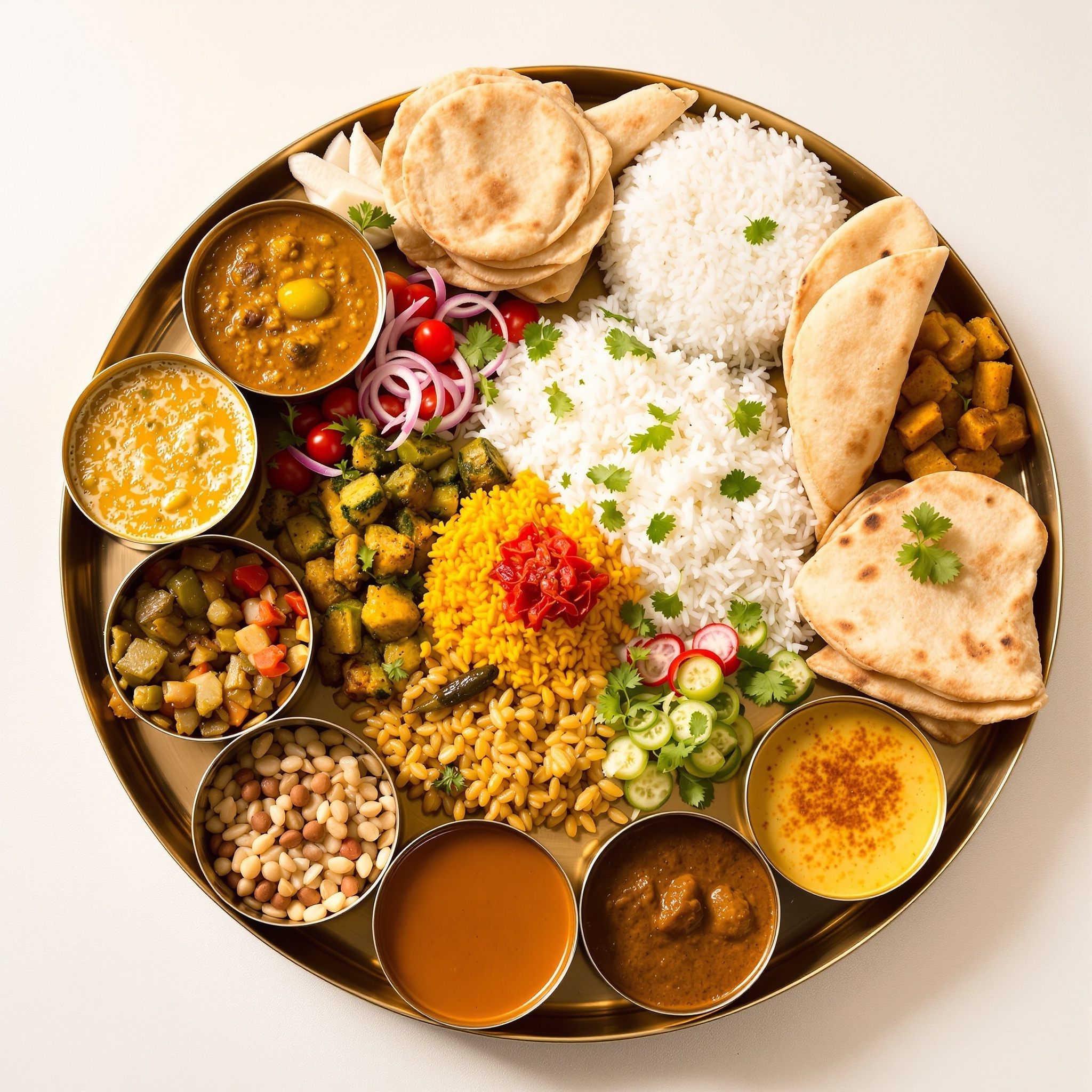 Traditional Gujarati thali meal with various vegetarian dishes beautifully presented