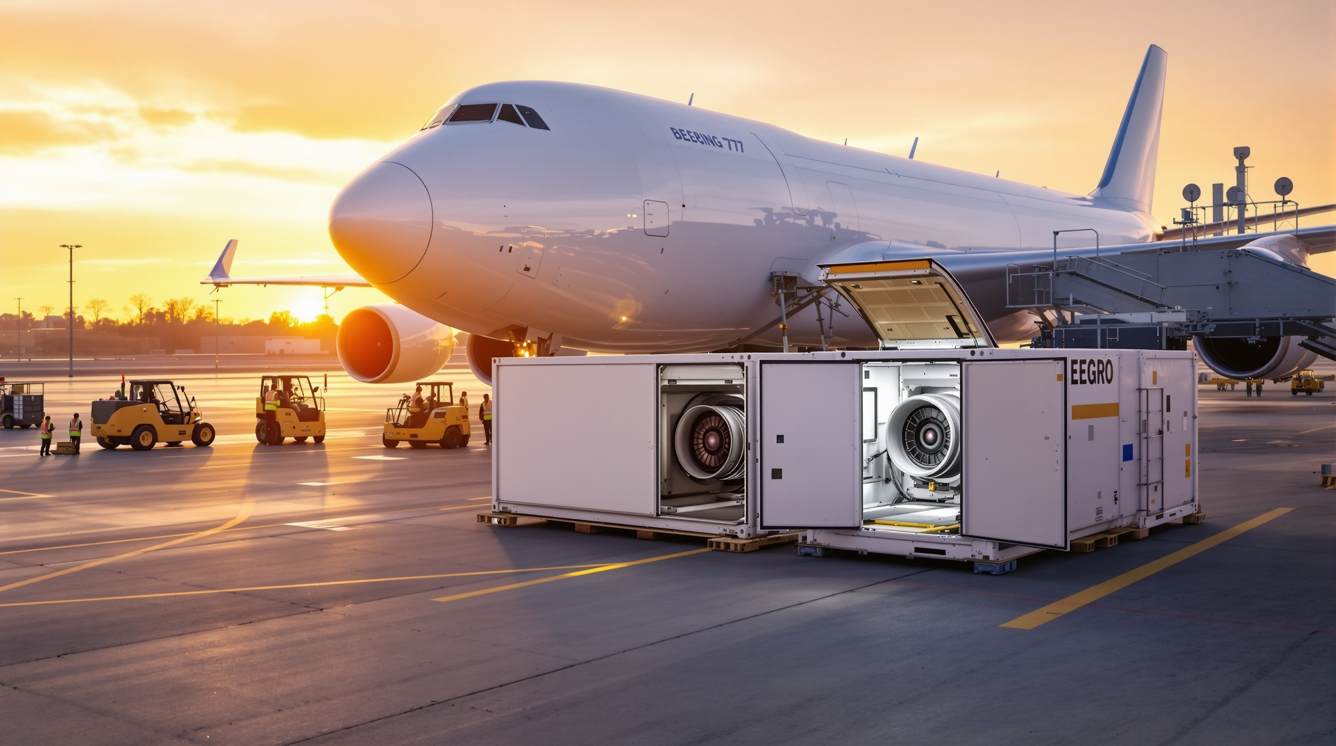 Global aviation logistics operation with temperature-controlled engine containers and cargo aircraft