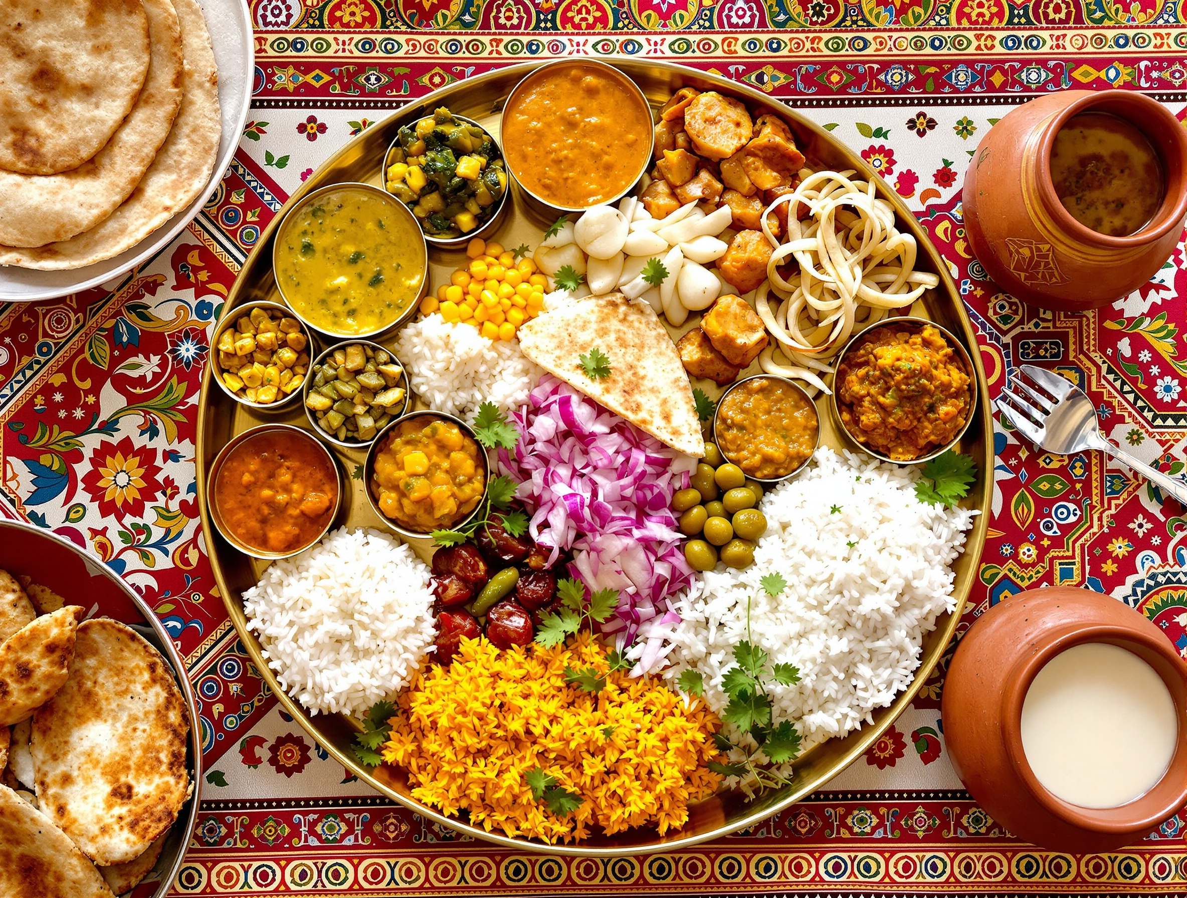 Traditional Gujarati thali with various colorful dishes
