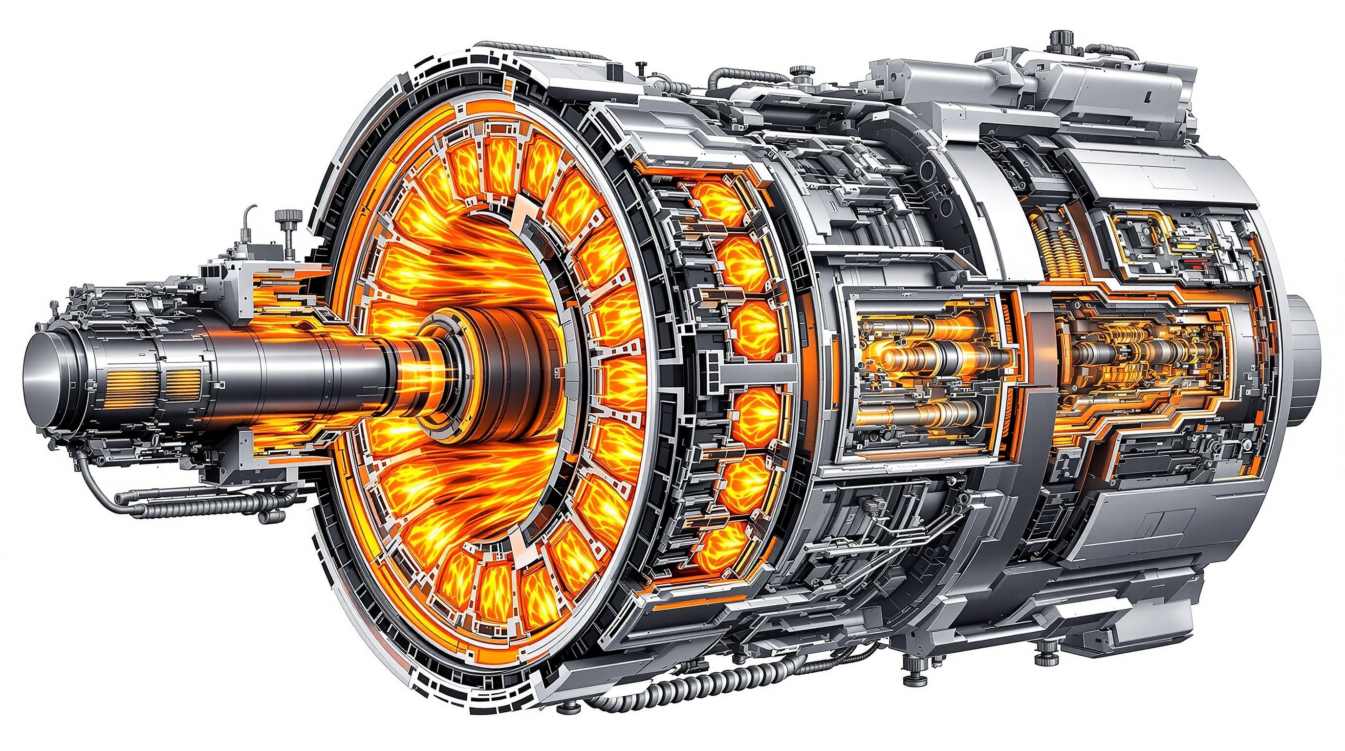 Jet engine annular combustor cross-section showing multiple fuel injectors, orange flames, ceramic thermal barrier coatings, and cooling air passages operating at 2000°C