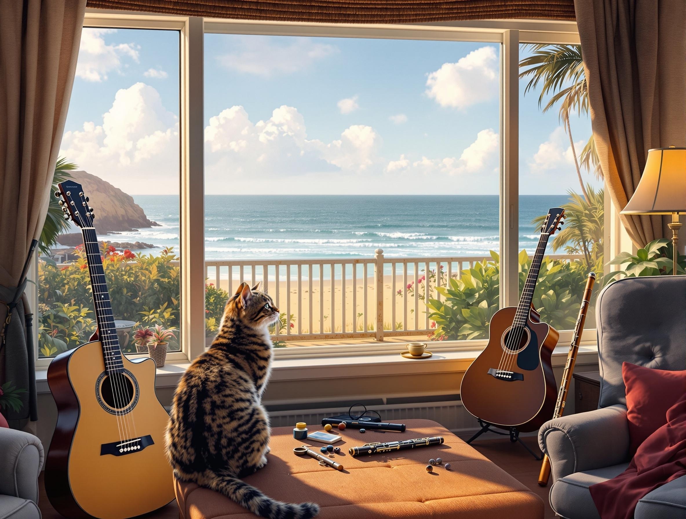 Beautiful tabby cat Samba sitting by window overlooking ocean