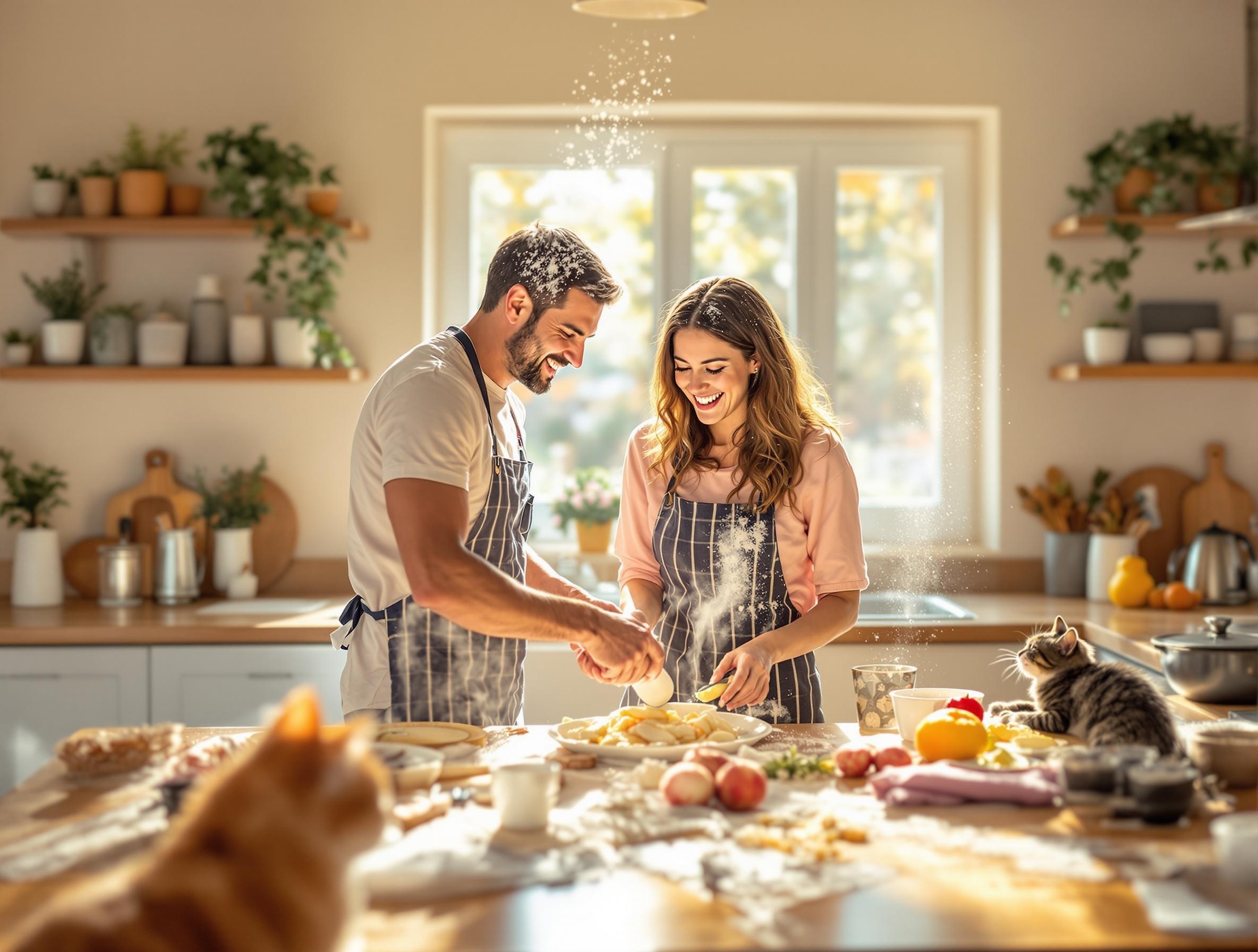 Romantic cooking scene with couple preparing meal together