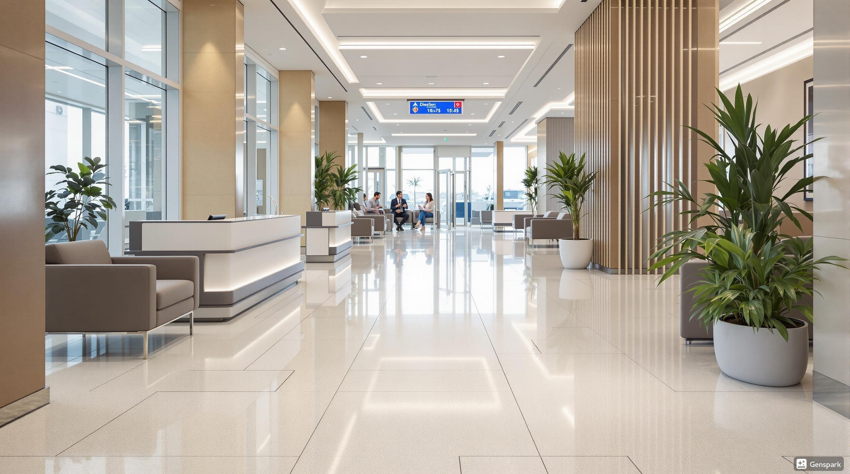 Hospital floor tiles in Dubai healthcare facility reception area with hygienic antimicrobial surface