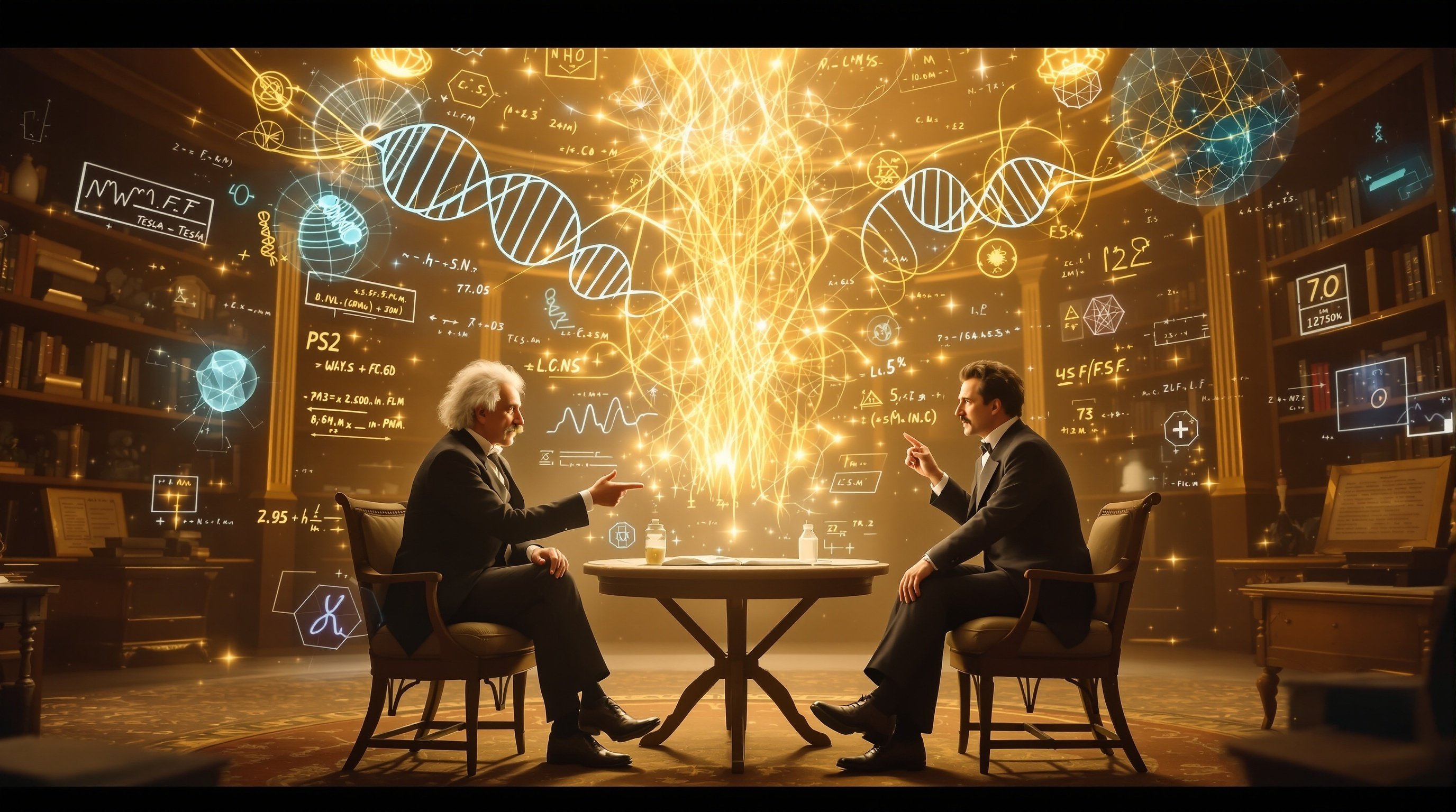 Einstein and Tesla meeting in a timeless space