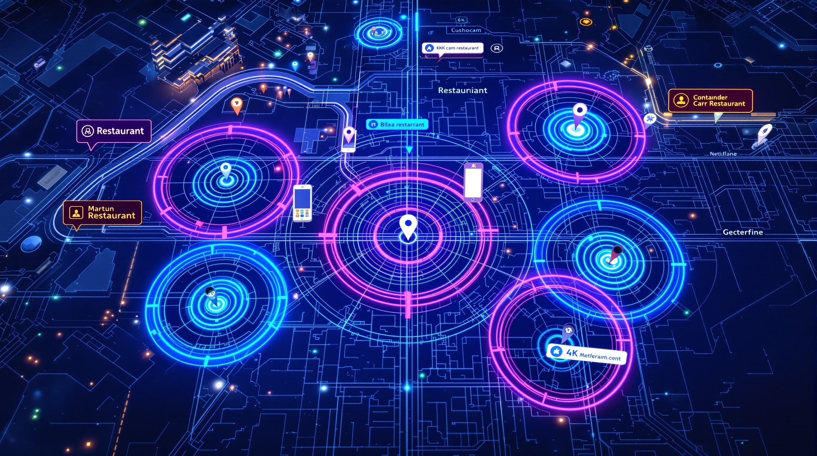 Geofencing Visualisierung - Digitale Karte mit Restaurant-Standorten