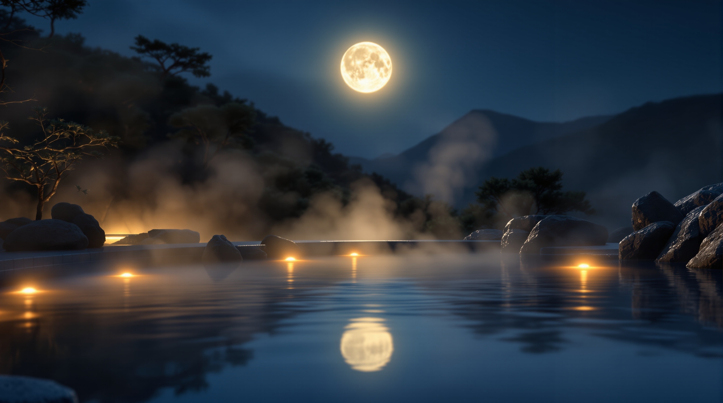 満月が映る温泉の幻想的な風景
