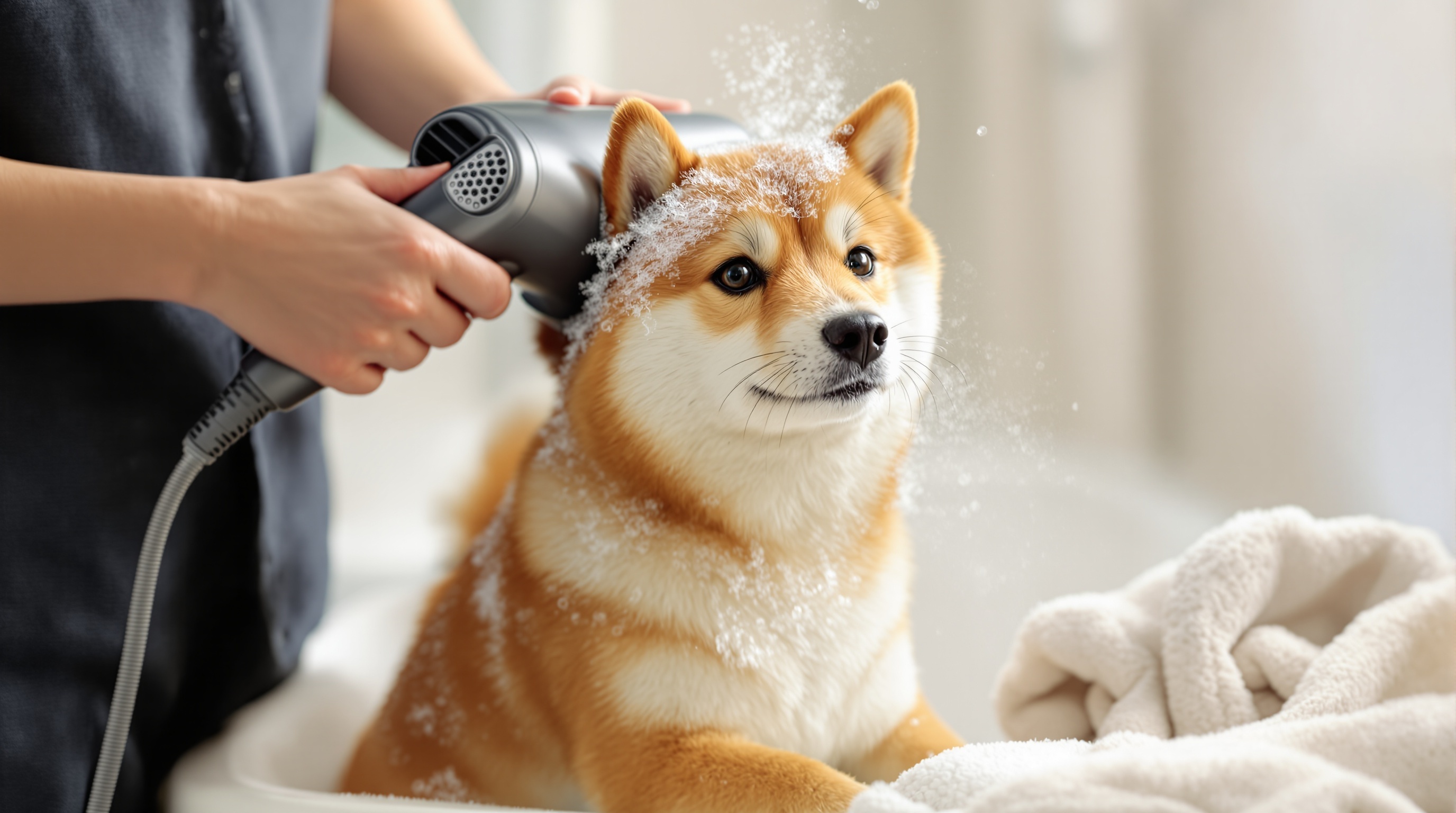 お風呂上がりにドライヤーで乾かしてもらう柴犬