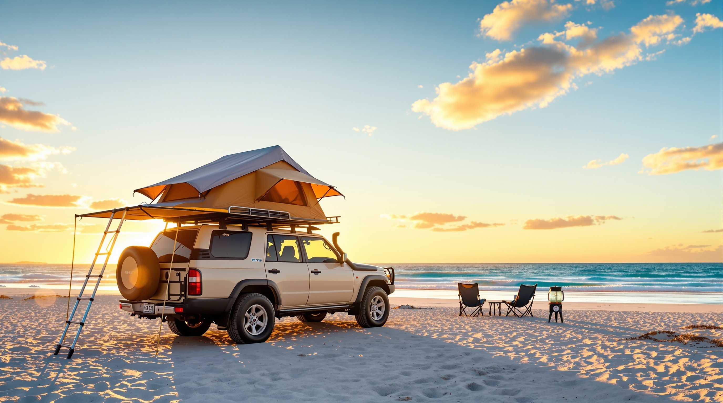Sunset camping scene with 4WD and rooftop tent at pristine beach