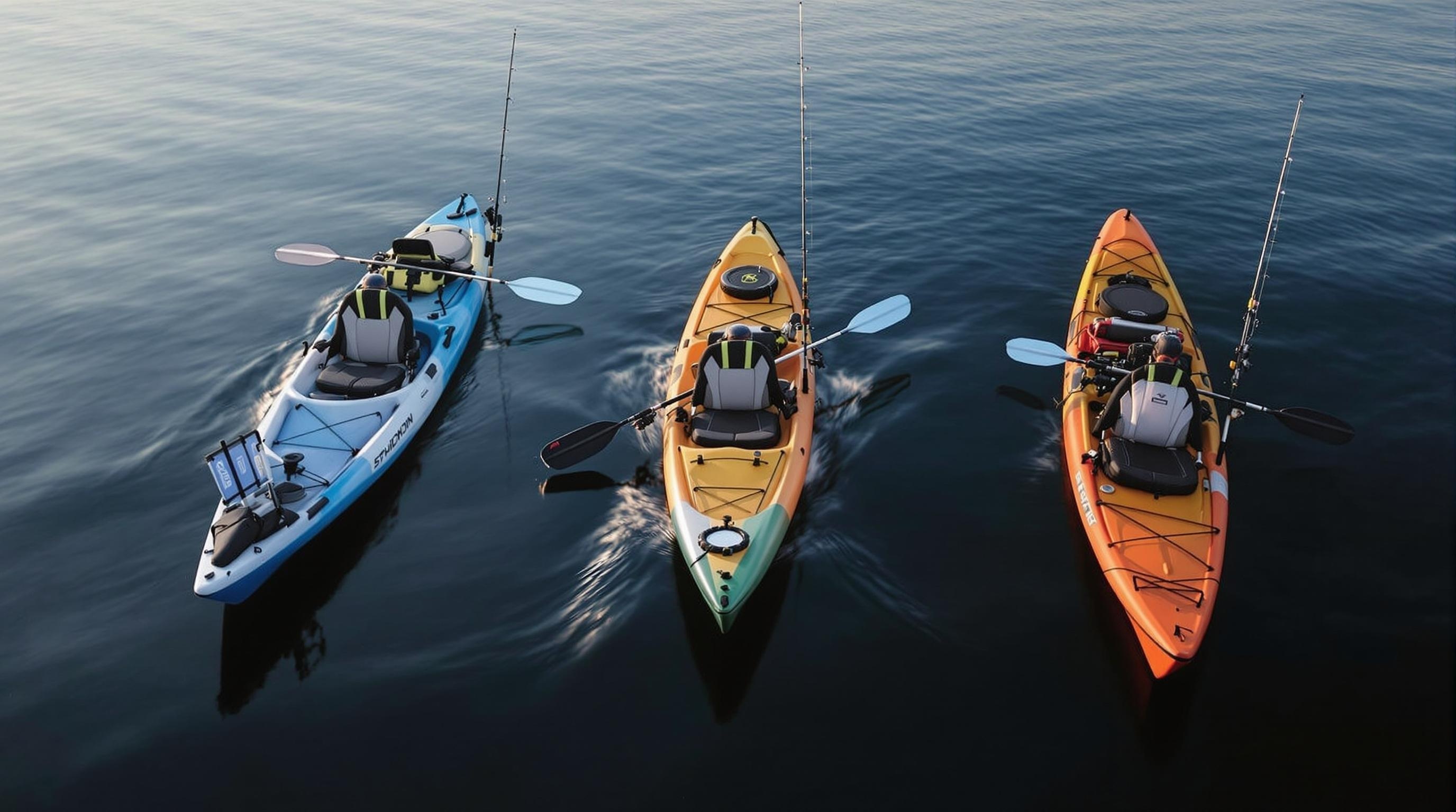 Three 12-foot fishing kayaks on calm water representing optimal balance
