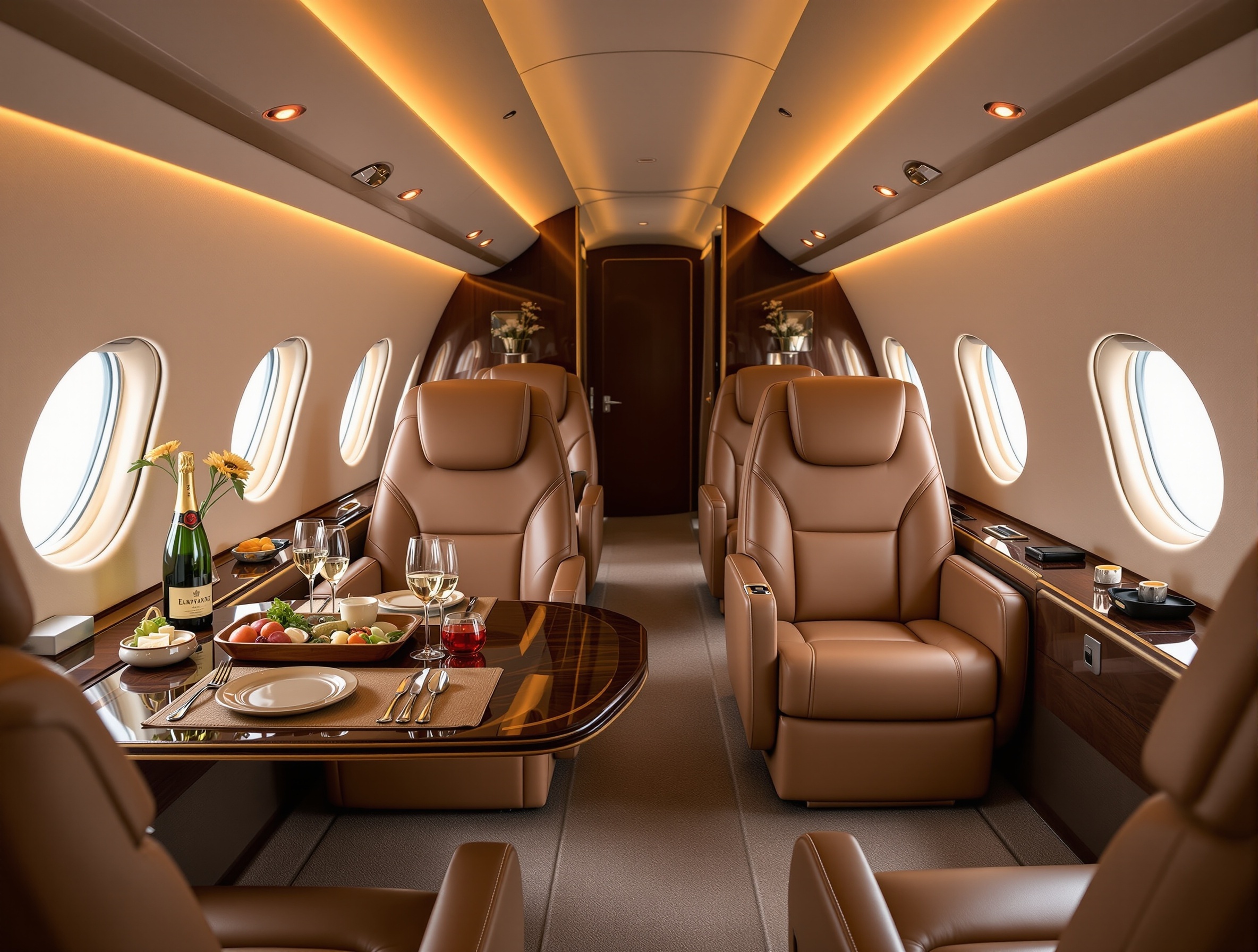 Premium private jet interior with European luxury amenities and champagne service