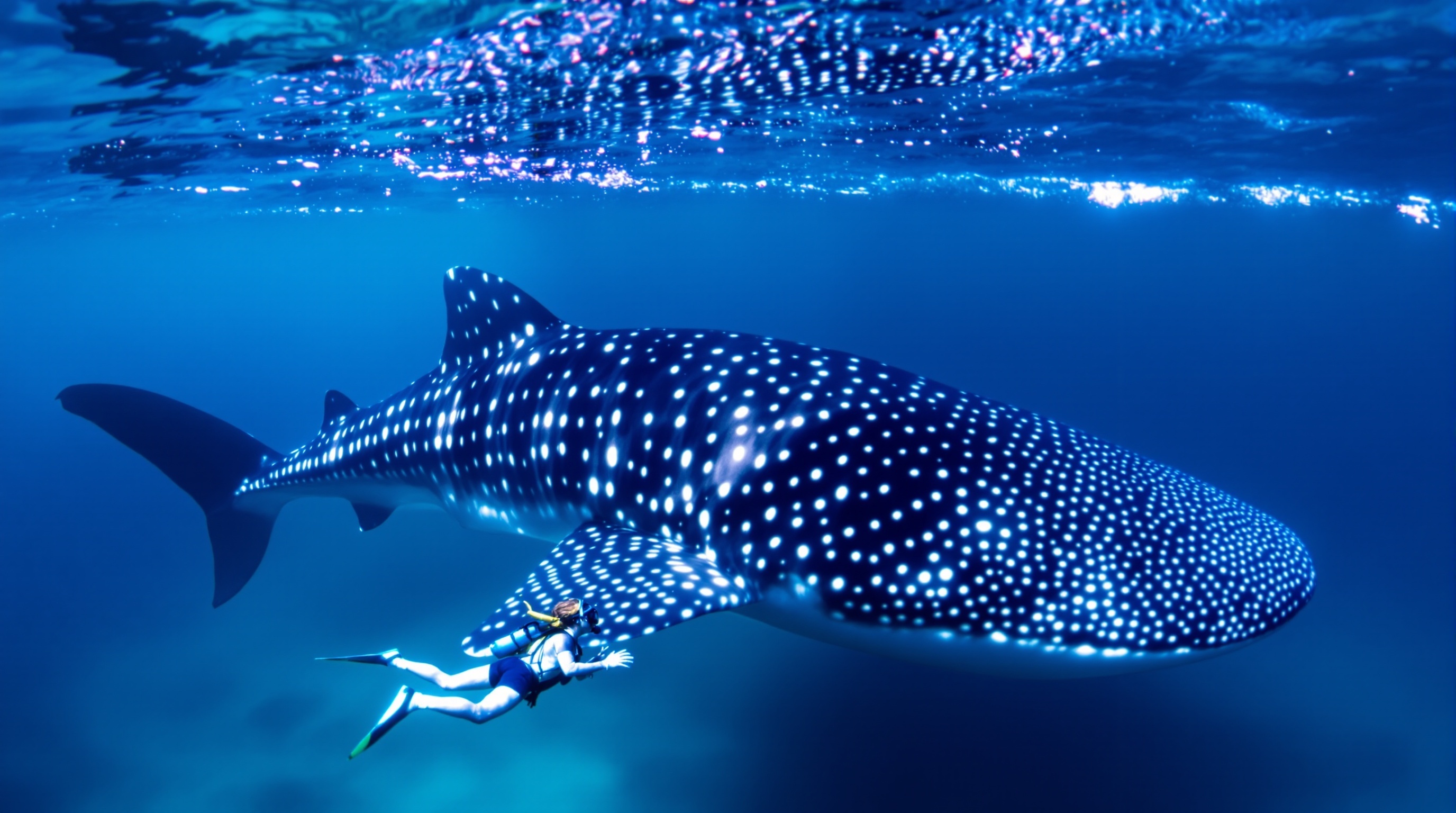 Snorkeler swimming alongside a massive whale shark at Ningaloo Reef
