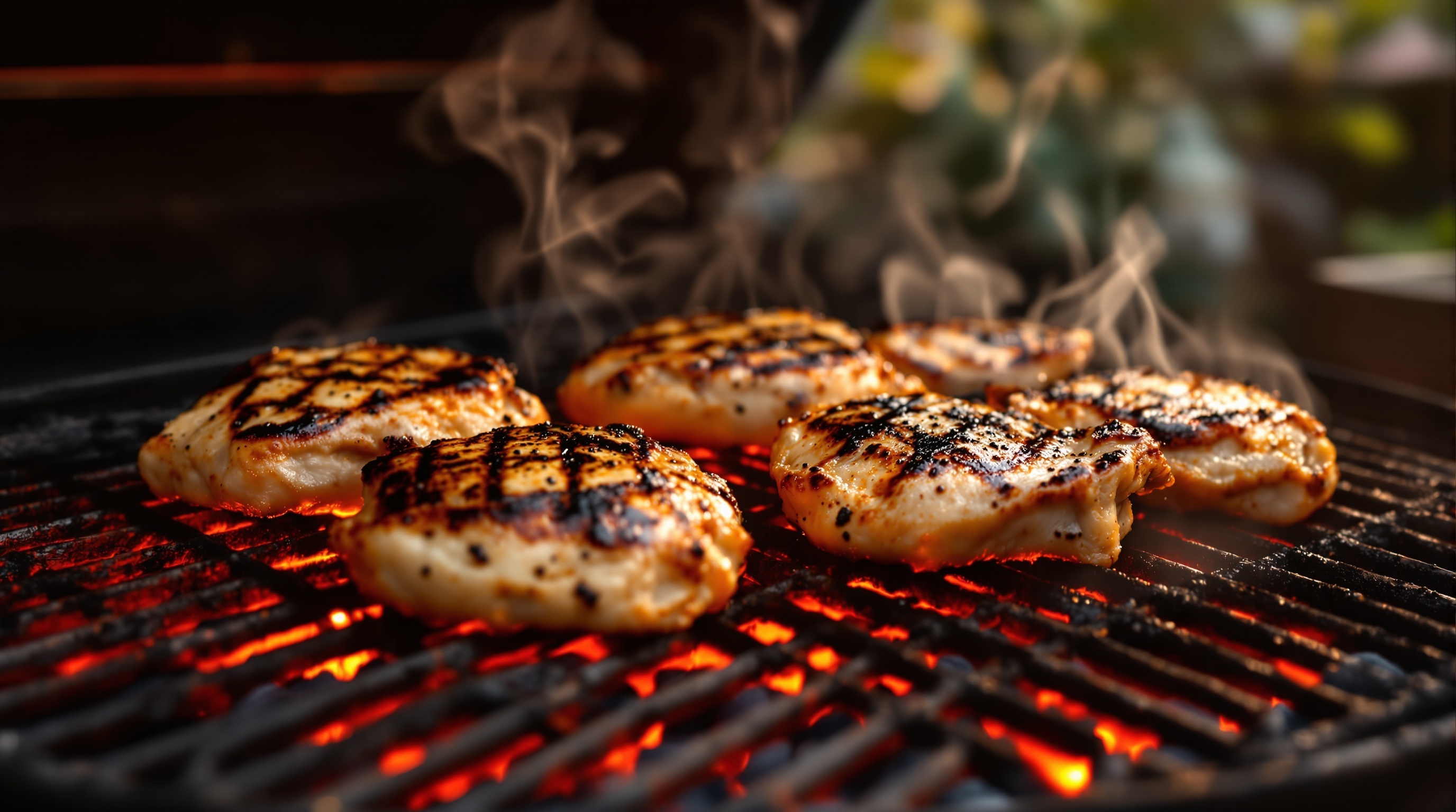 Professional grilling with charcoal showing perfectly seared chicken thighs with grill marks and aromatic smoke from two-zone fire setup