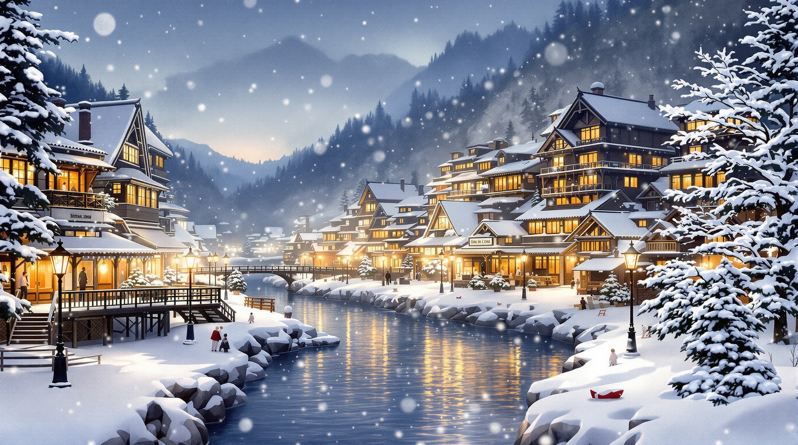 銀山温泉の雪夜、ガス灯に照らされた大正ロマンあふれる温泉街と川沿いの木造旅館群