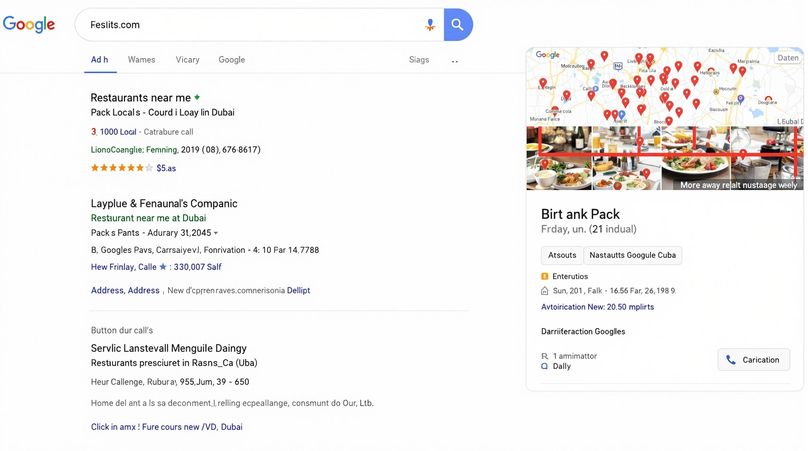 Google search results for Dubai restaurants showing local SEO optimized listings with ratings and business information