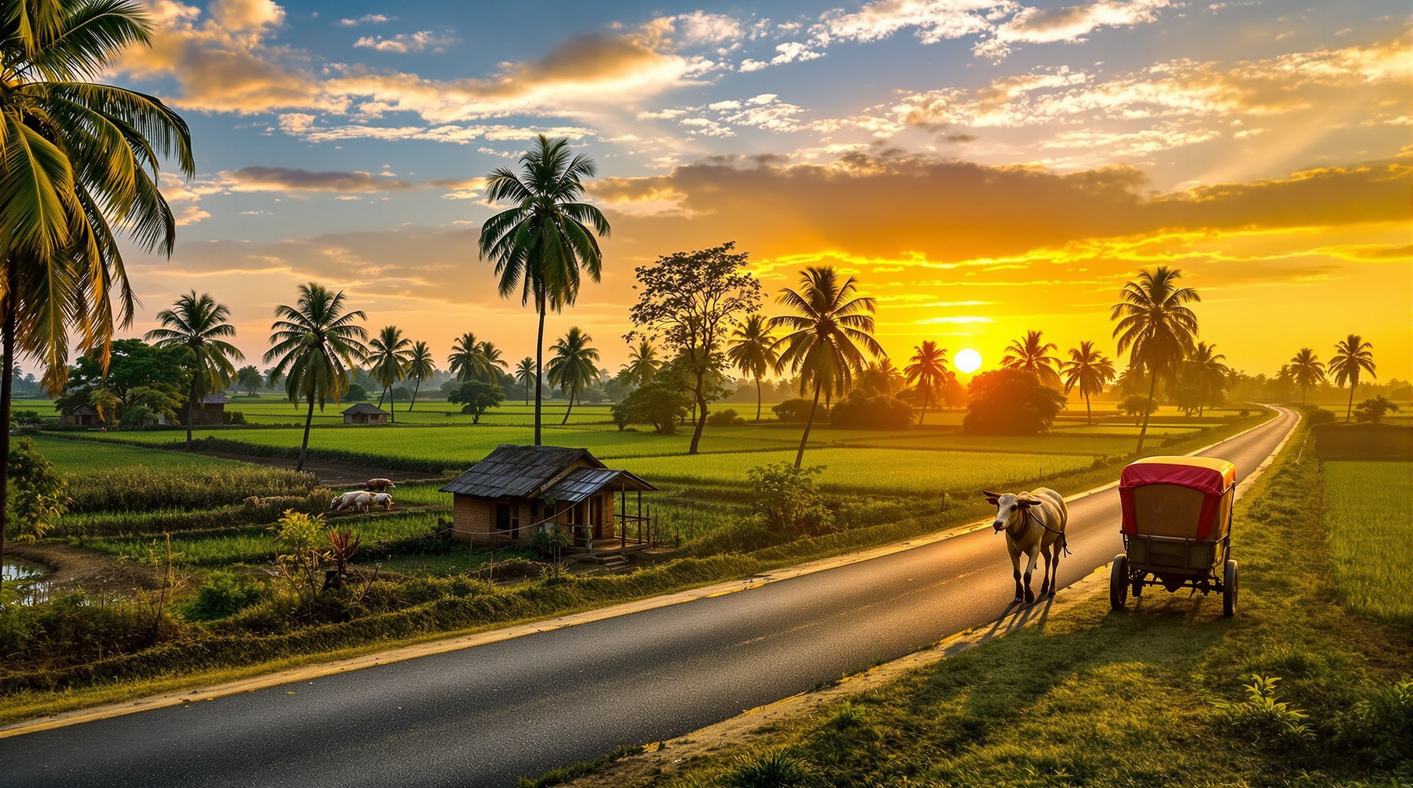 Scenic Gujarat countryside landscape with traditional village and agricultural fields