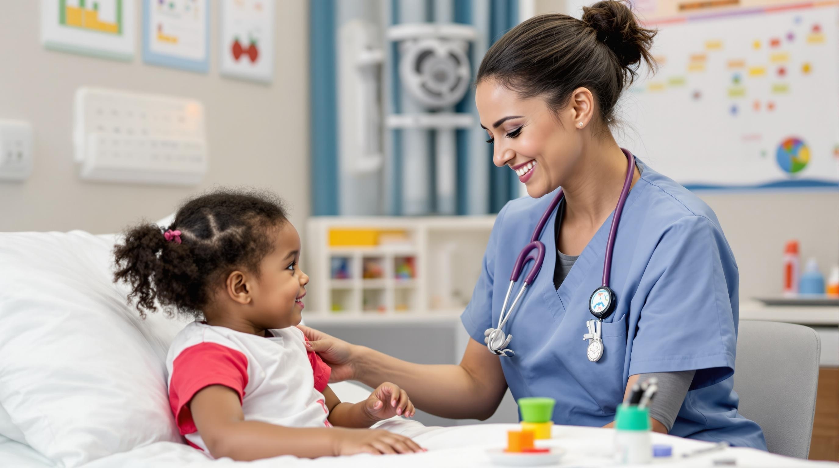 A compassionate nurse interacting with a child who has Autistic Spectrum Disorders in children. The nurse is using visual supports in a calming environment with structured space, visual schedules, and sensory tools.